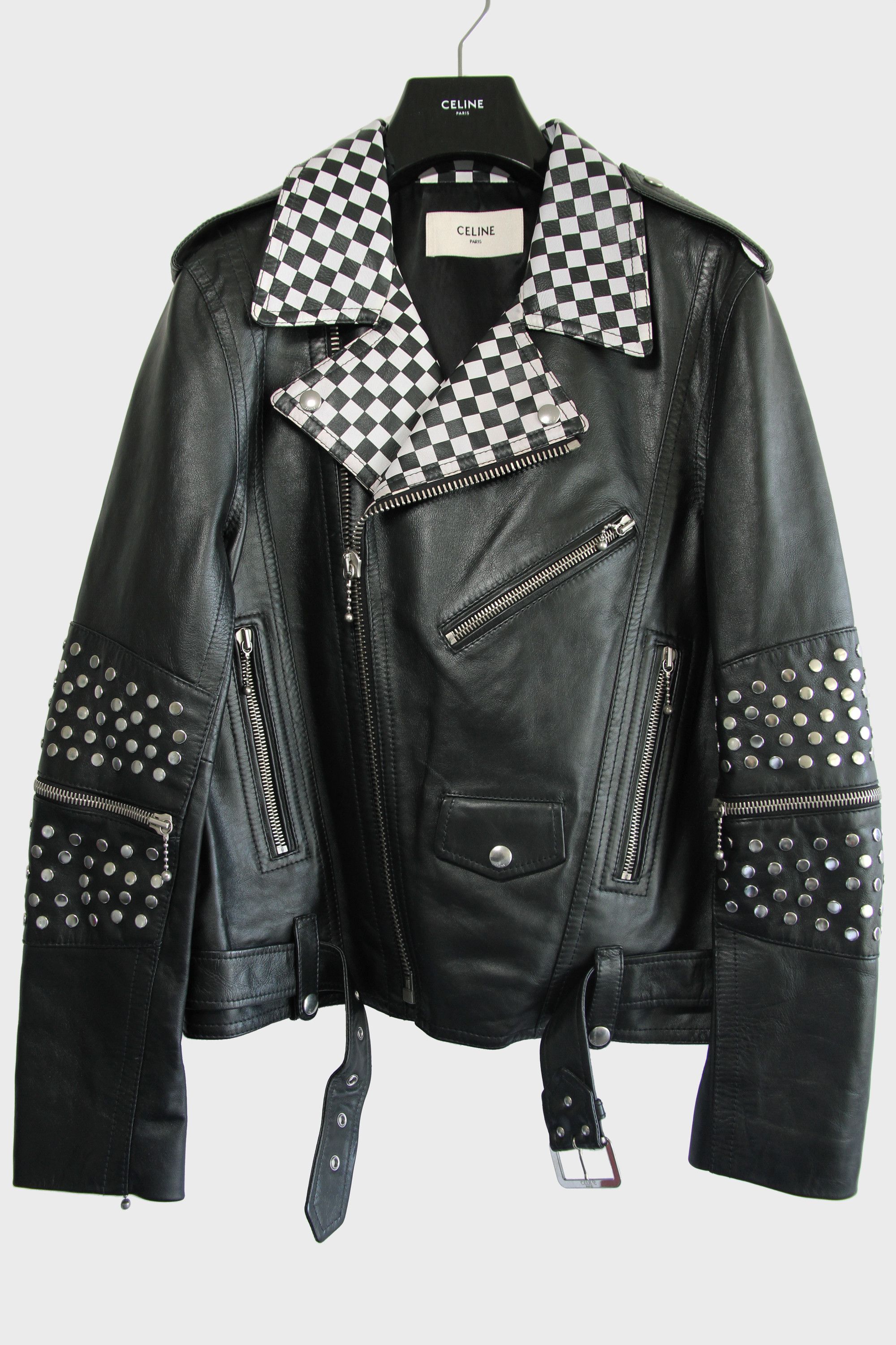 Celine × Hedi Slimane FW19 Celine Studded Checkered Leather Biker Jacket 52 XL Size US L / EU 52-54 / 3 - 3 Thumbnail