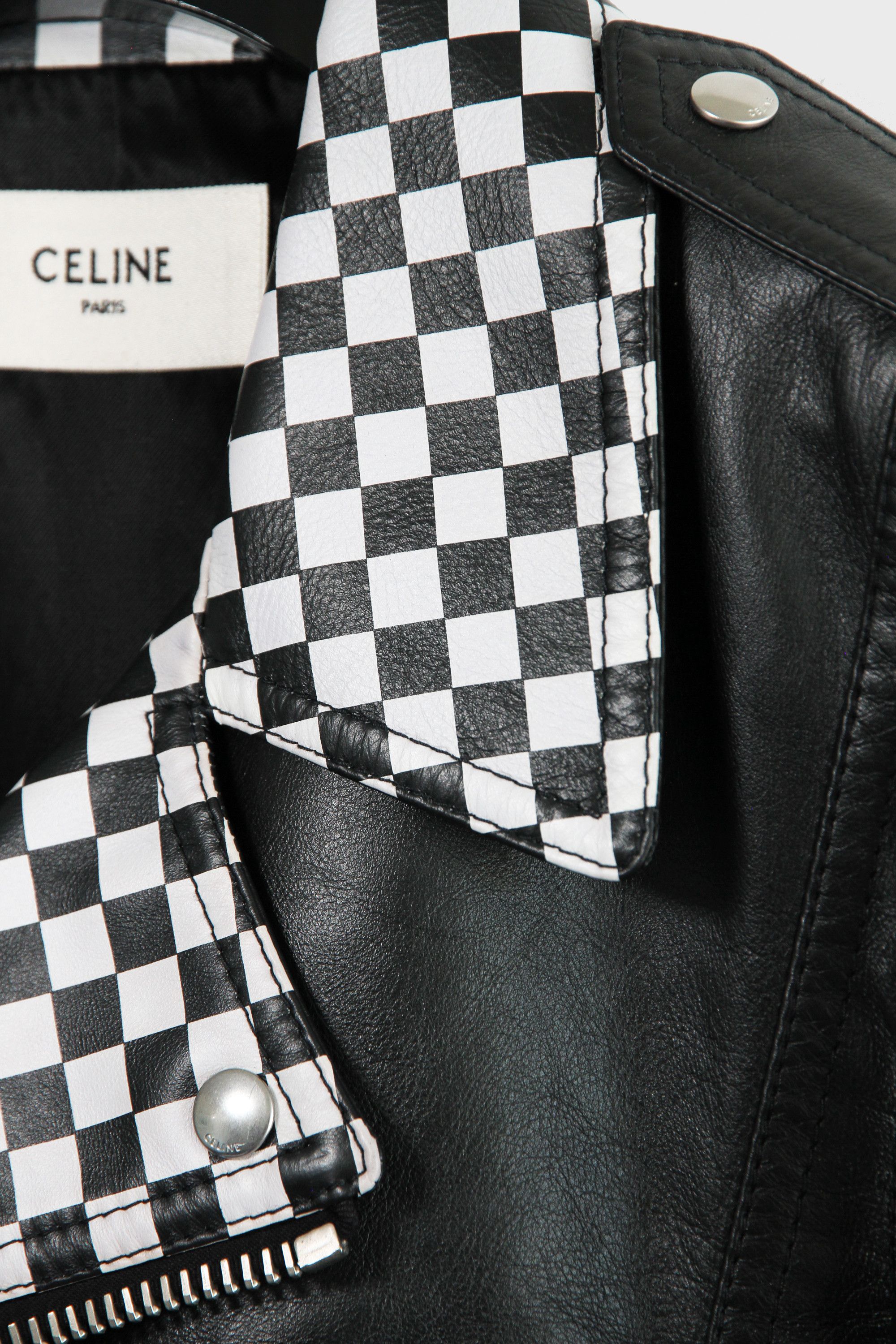 Celine × Hedi Slimane FW19 Celine Studded Checkered Leather Biker Jacket 52 XL Size US L / EU 52-54 / 3 - 5 Thumbnail