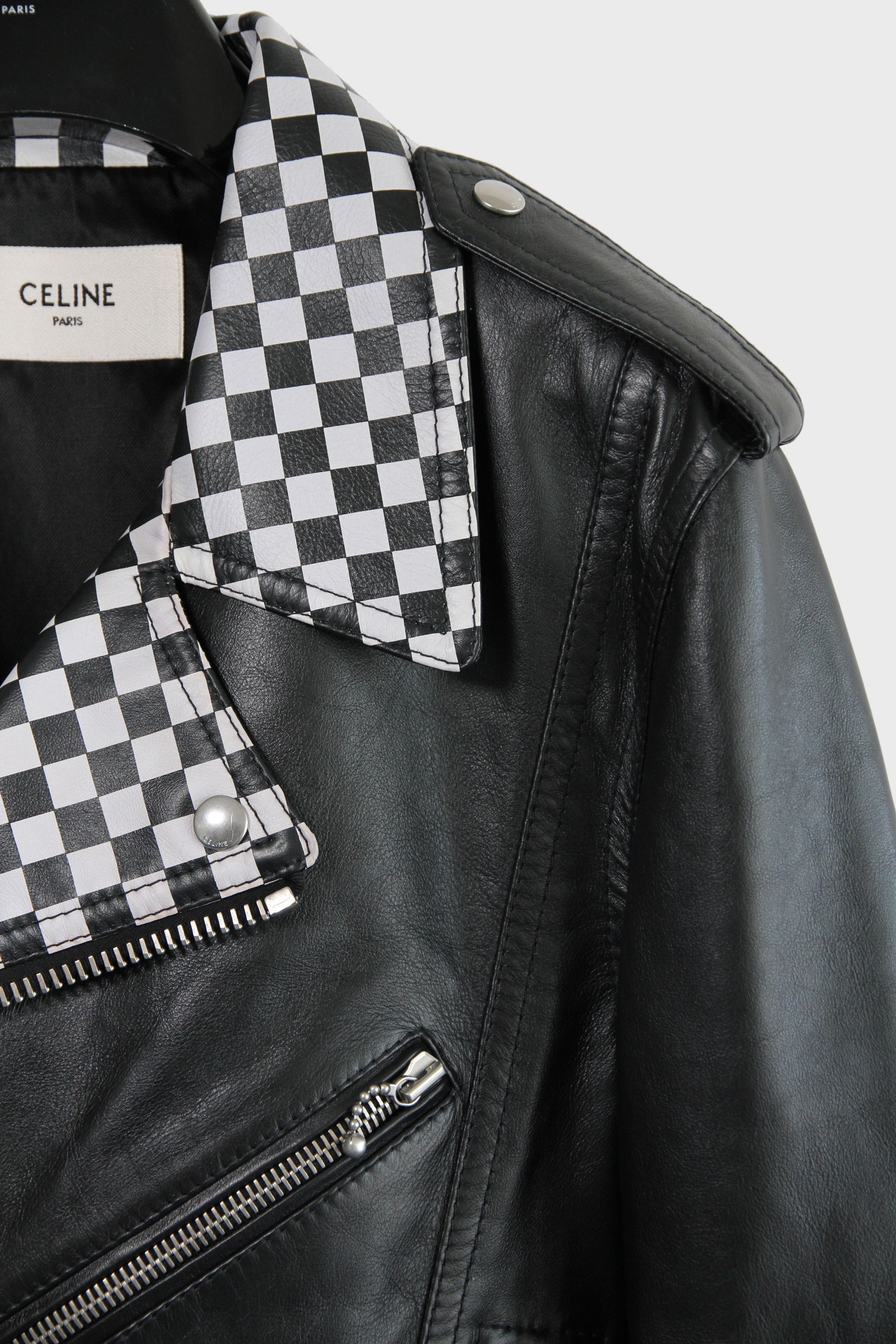 Celine × Hedi Slimane FW19 Celine Studded Checkered Leather Biker Jacket 52 XL Size US L / EU 52-54 / 3 - 4 Thumbnail