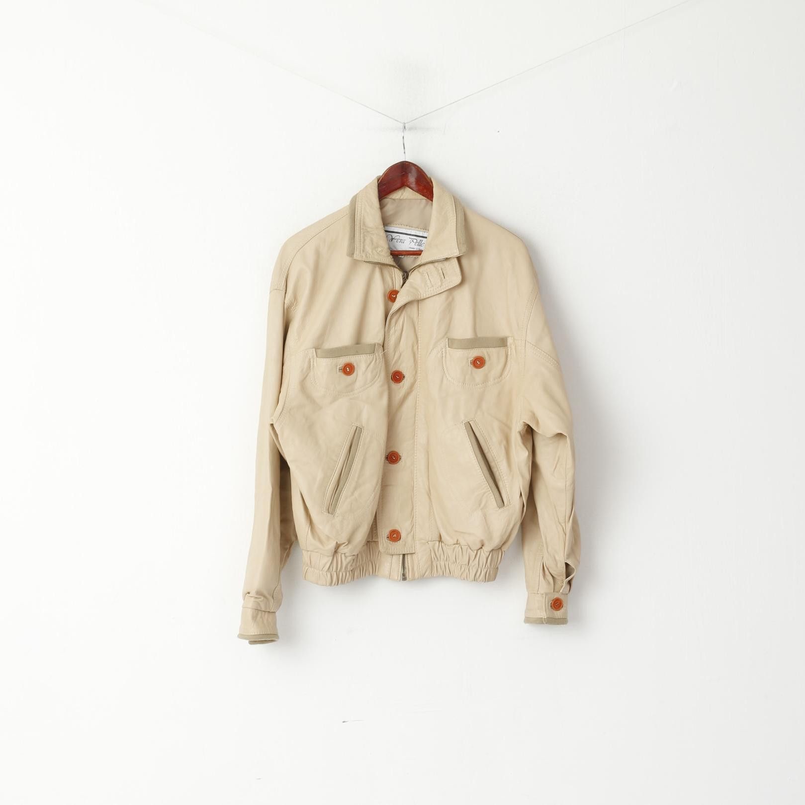 Other Vintage Men 50 M Leather Jacket Beige Bomber Pockets 5194 Size US M / EU 48-50 / 2 - 1 Thumbnail