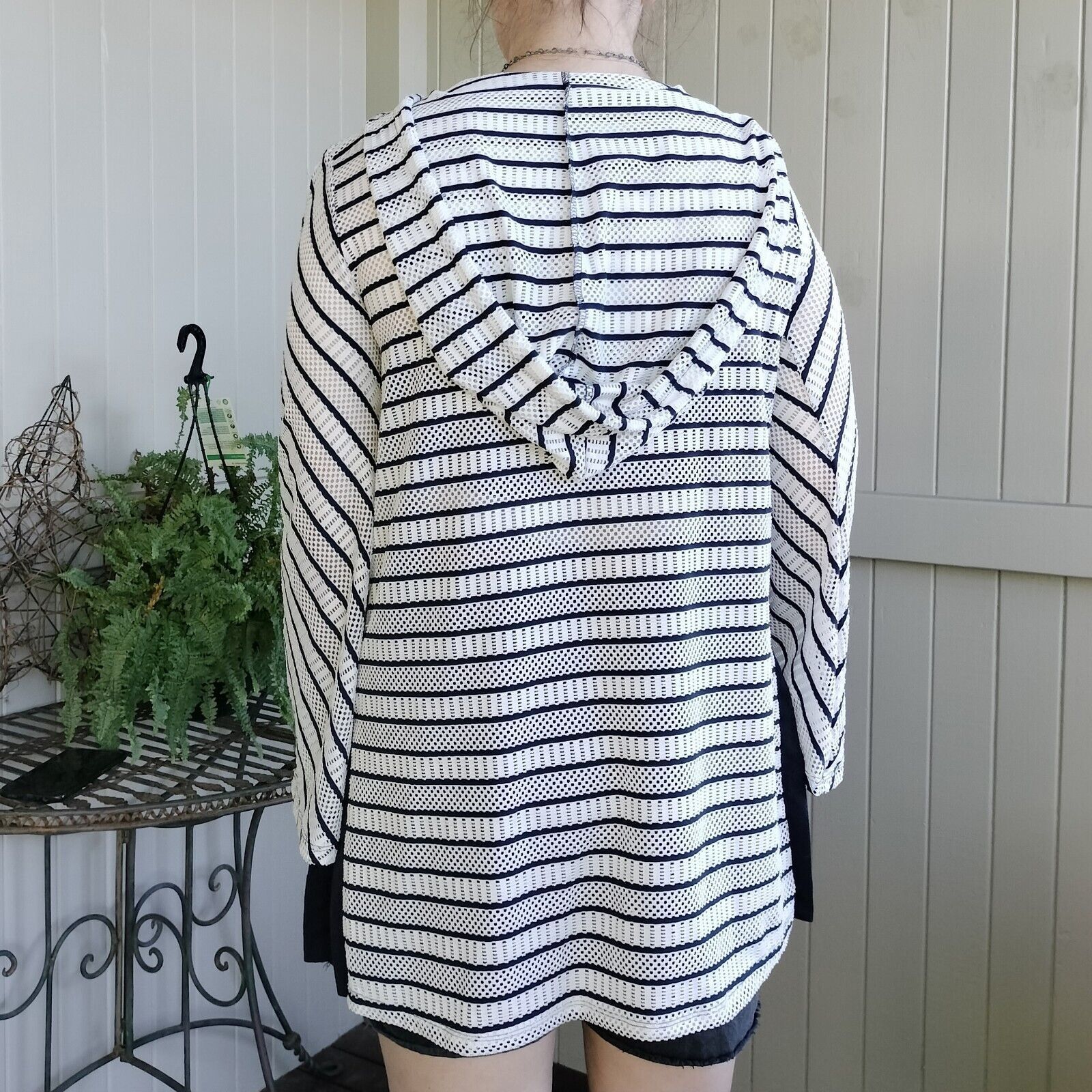 Designer Sandiva Size M Top Tunic White Blue Striped Bell Sleeve Mesh Size M / US 6-8 / IT 42-44 - 3 Thumbnail
