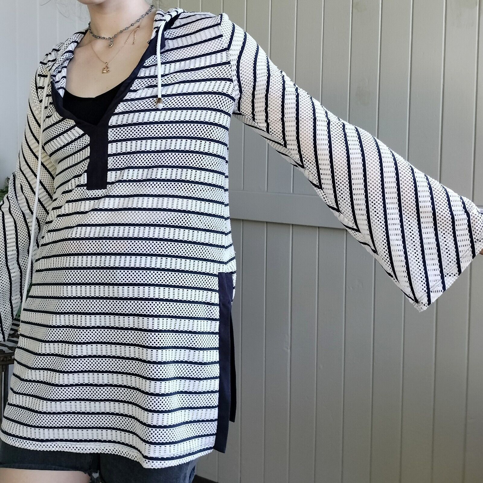 Designer Sandiva Size M Top Tunic White Blue Striped Bell Sleeve Mesh Size M / US 6-8 / IT 42-44 - 2 Thumbnail