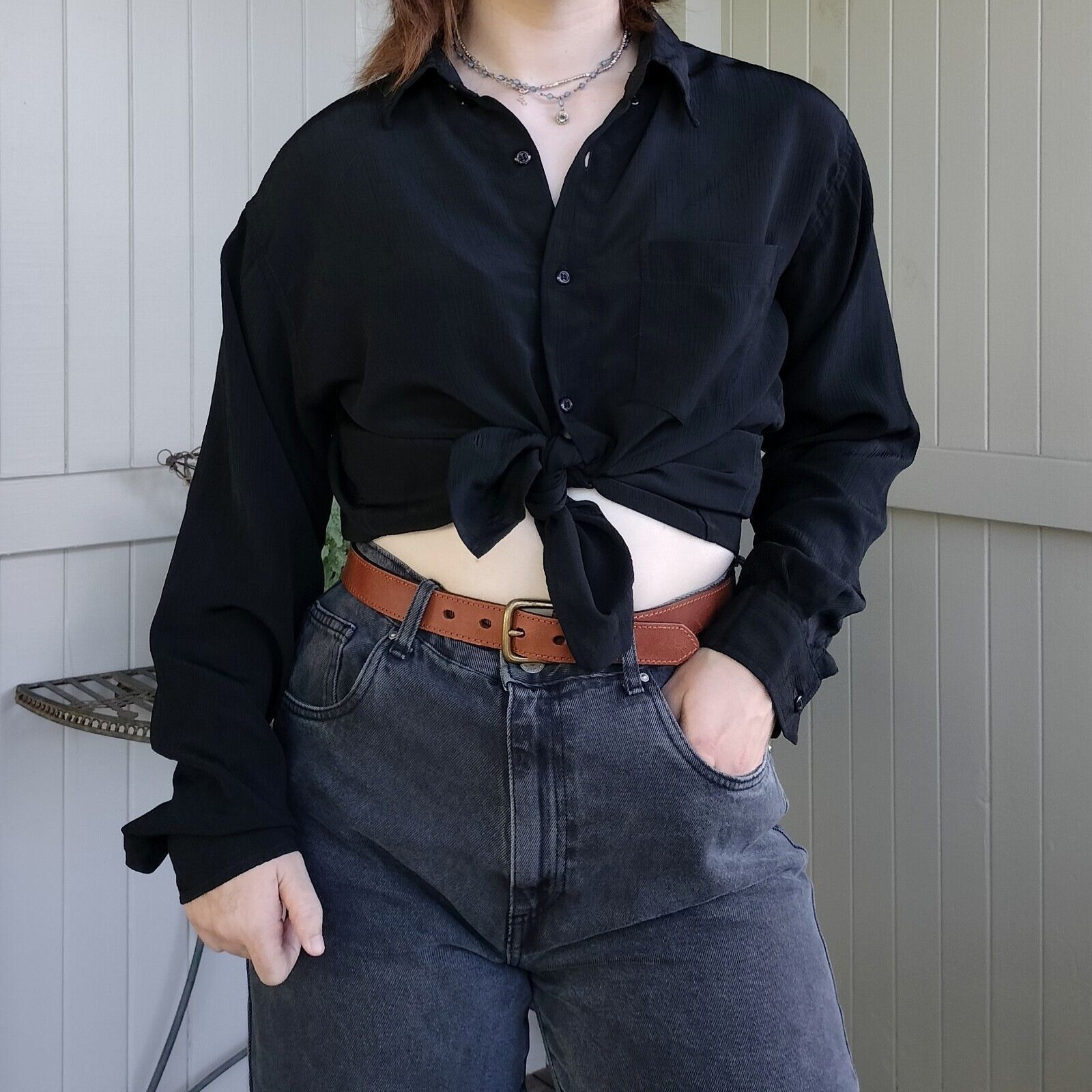 Designer × Vintage Vintage 90s Size 14 Shirt Black Button Up Long Sleeve Size L / US 10 / IT 46 - 1 Thumbnail