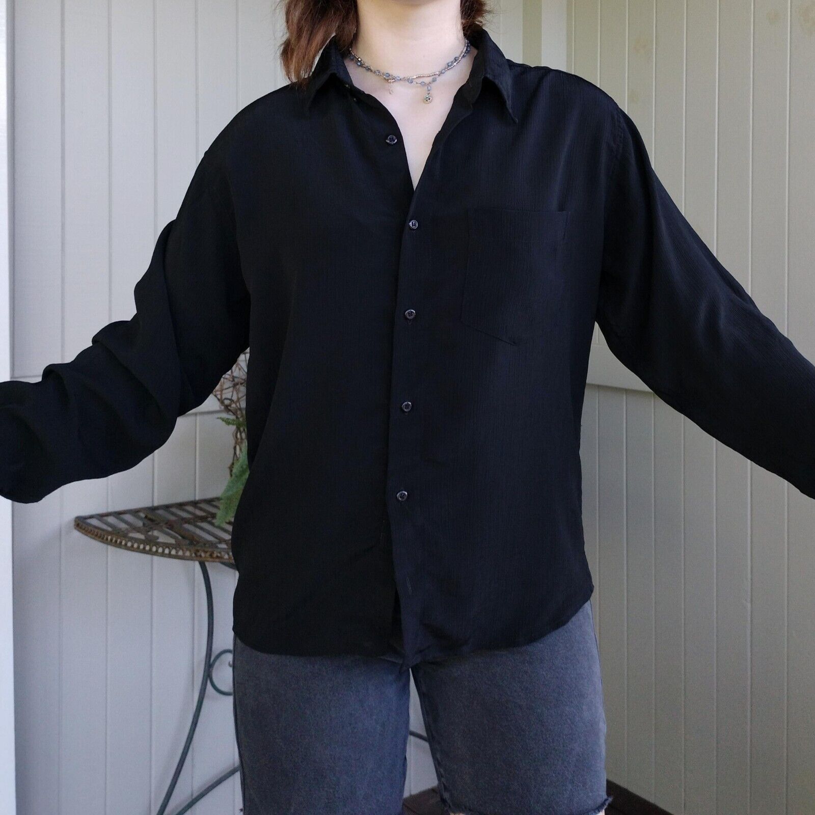 Designer × Vintage Vintage 90s Size 14 Shirt Black Button Up Long Sleeve Size L / US 10 / IT 46 - 4 Thumbnail