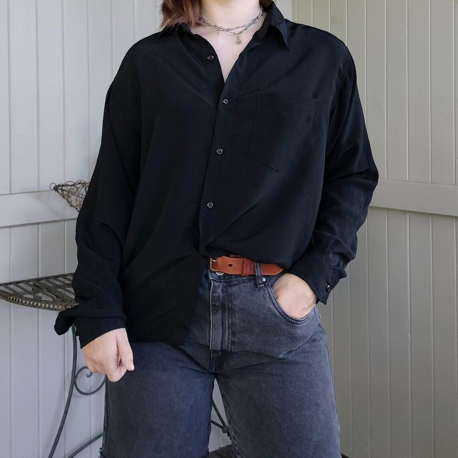 Designer × Vintage Vintage 90s Size 14 Shirt Black Button Up Long Sleeve Size L / US 10 / IT 46 - 2 Thumbnail