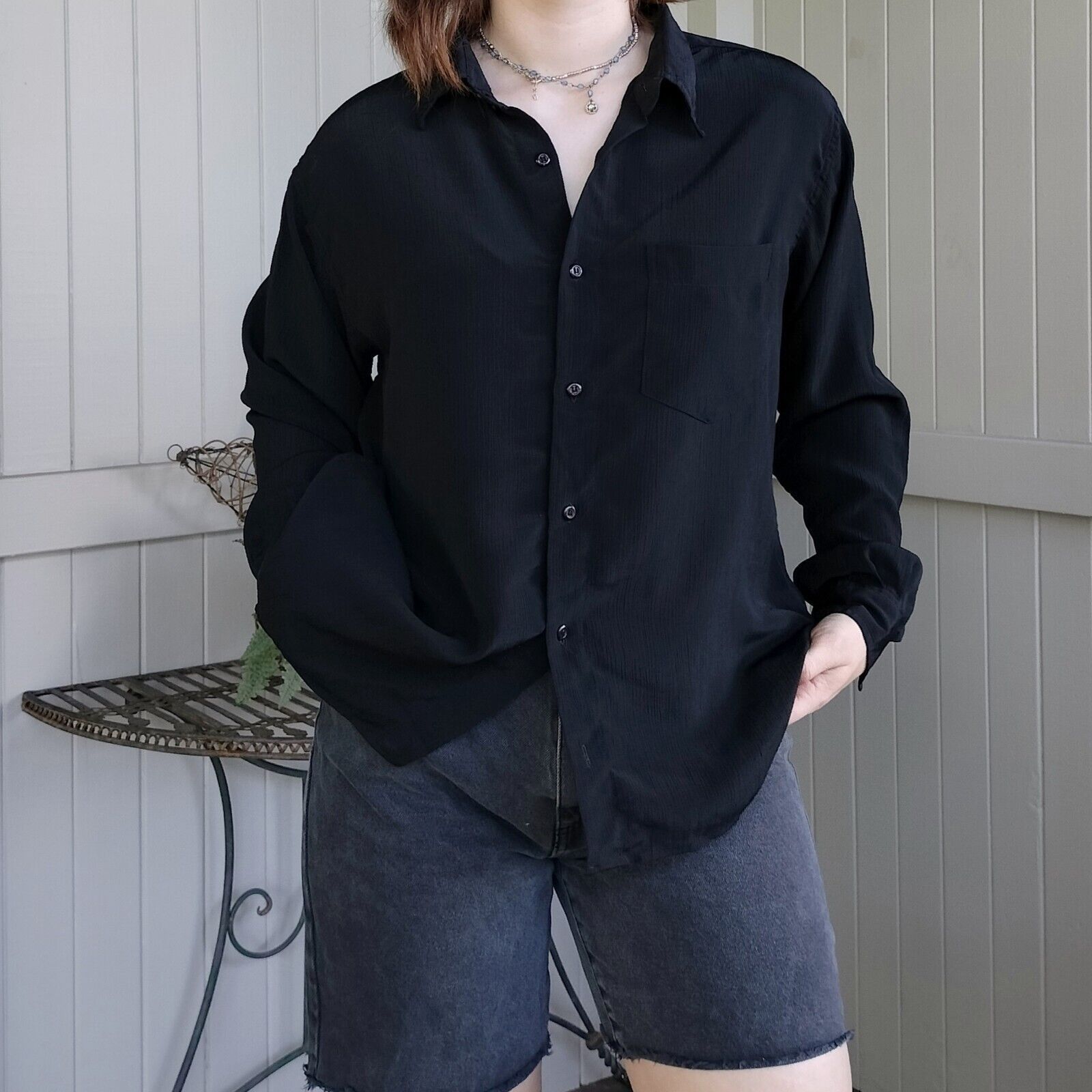 Designer × Vintage Vintage 90s Size 14 Shirt Black Button Up Long Sleeve Size L / US 10 / IT 46 - 3 Thumbnail