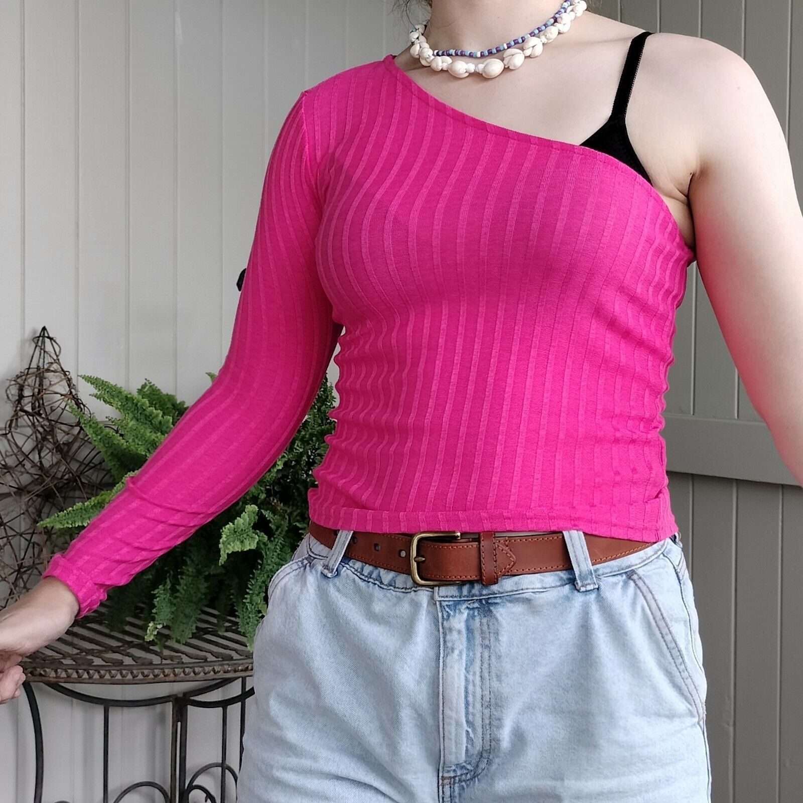 H&M H&M Top Hot Pink One Shoulder Knit Ribbed Jacquard Festival Size S / US 4 / IT 40 - 3 Thumbnail