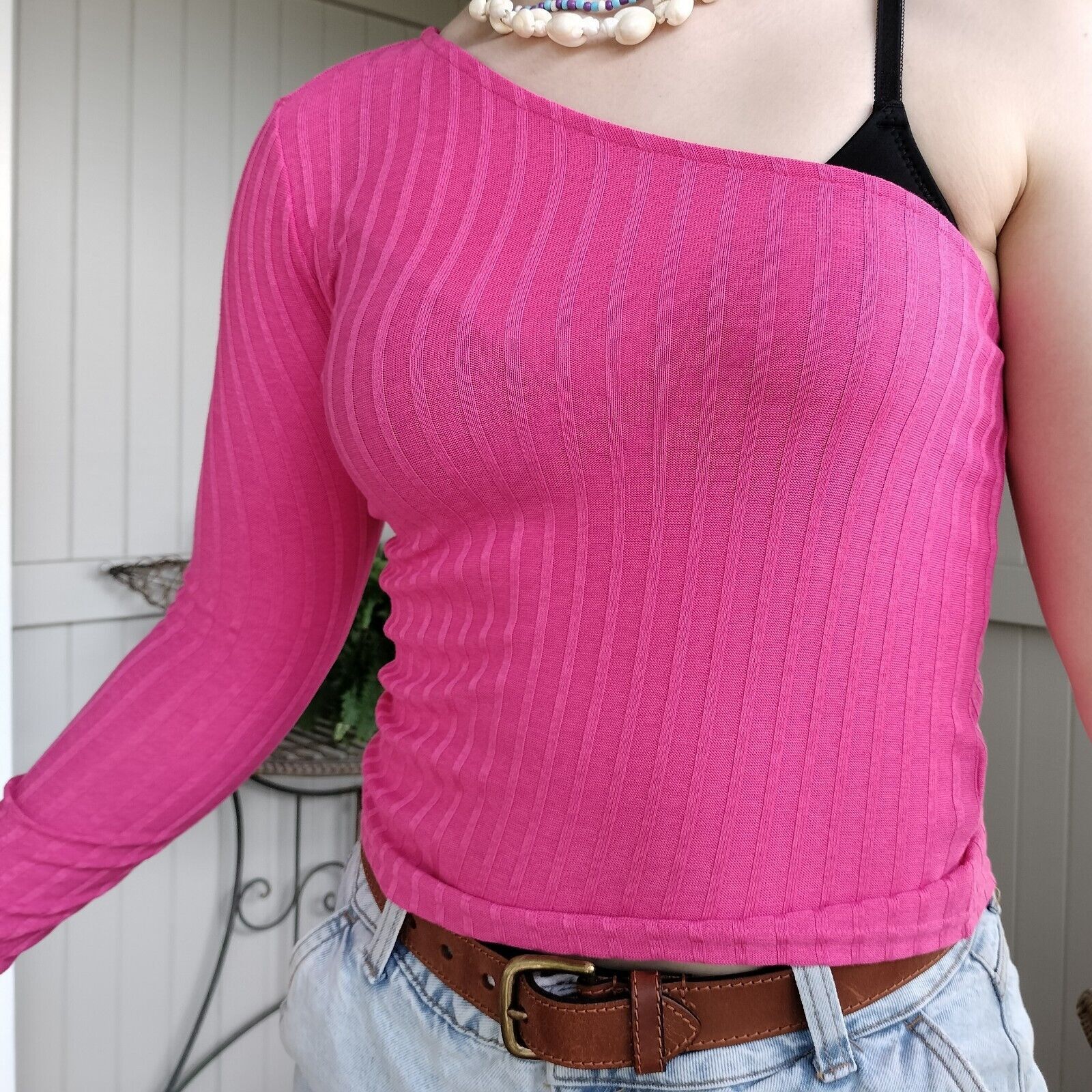 H&M H&M Top Hot Pink One Shoulder Knit Ribbed Jacquard Festival Size S / US 4 / IT 40 - 4 Thumbnail