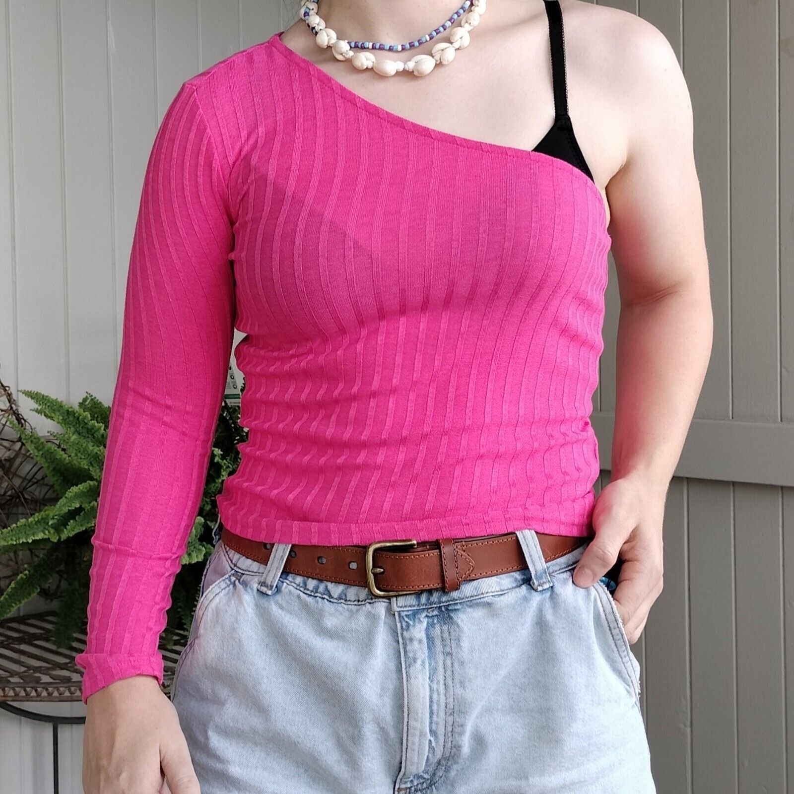 H&M H&M Top Hot Pink One Shoulder Knit Ribbed Jacquard Festival Size S / US 4 / IT 40 - 1 Thumbnail