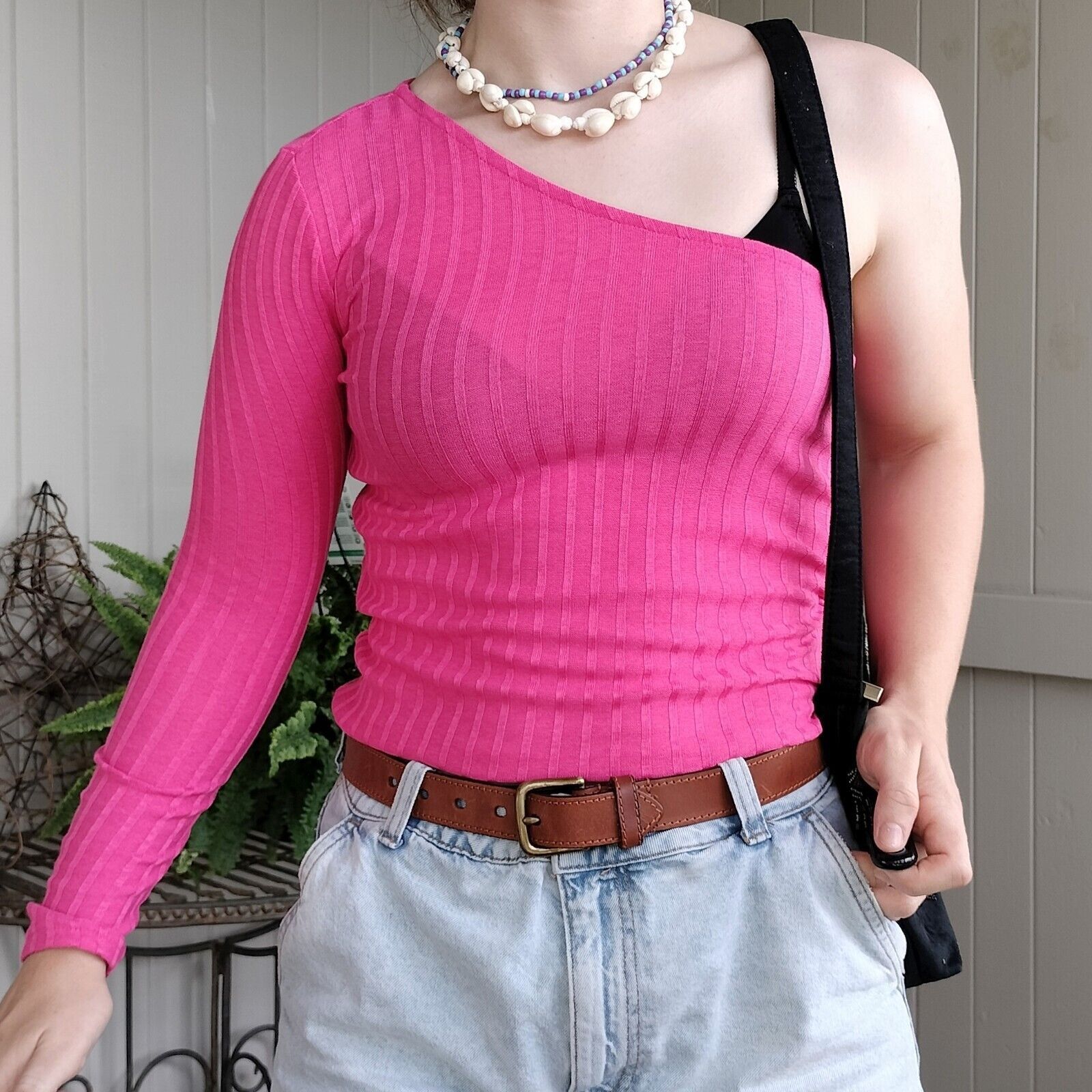 H&M H&M Top Hot Pink One Shoulder Knit Ribbed Jacquard Festival Size S / US 4 / IT 40 - 2 Thumbnail
