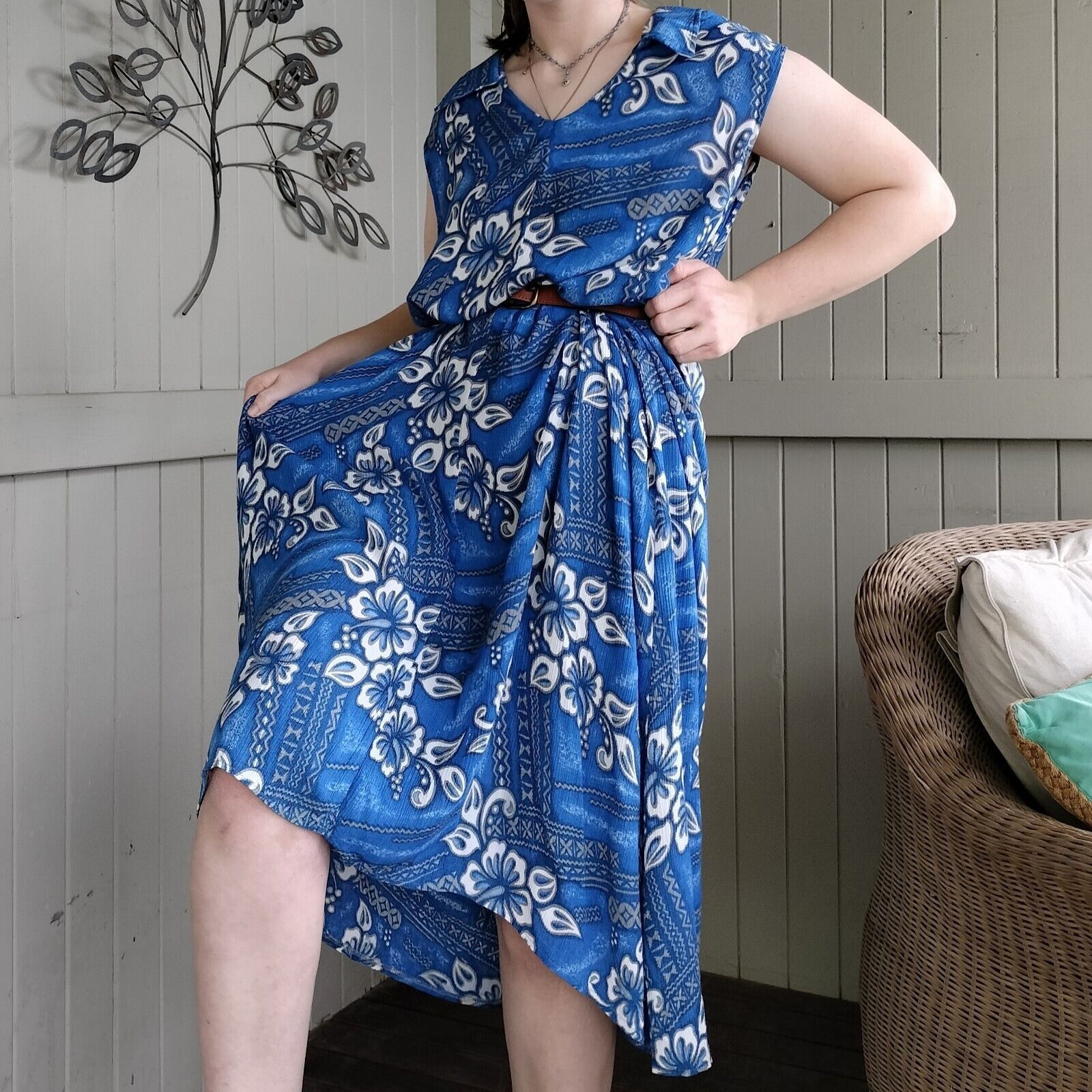 Designer × Vintage Vintage 80s 90s Free Size Dress Blue White Floral Size ONE SIZE - 2 Thumbnail