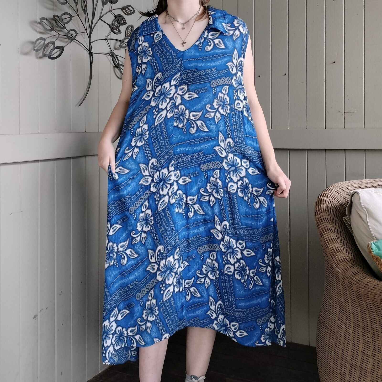 Designer × Vintage Vintage 80s 90s Free Size Dress Blue White Floral Size ONE SIZE - 4 Thumbnail