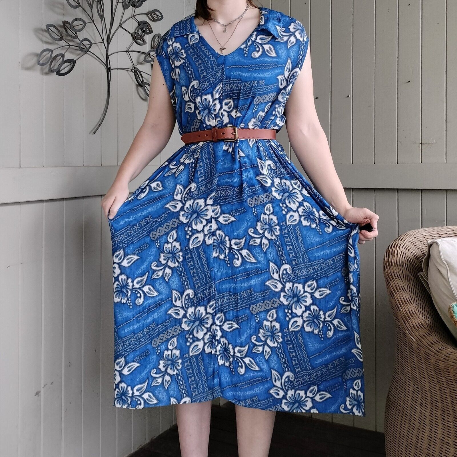 Designer × Vintage Vintage 80s 90s Free Size Dress Blue White Floral Size ONE SIZE - 1 Thumbnail