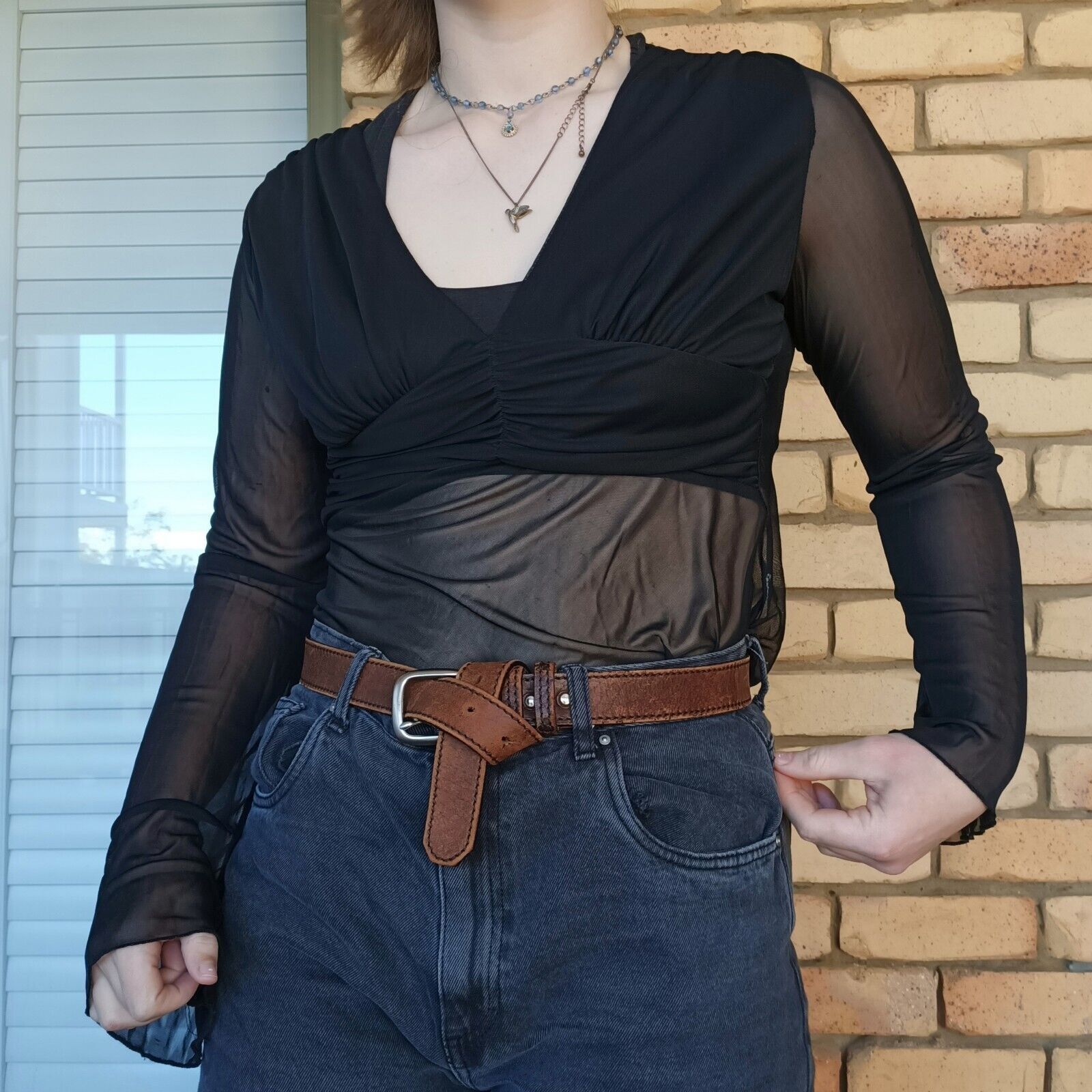 Vintage Vintage 90s Y2K Size 12 Top Black Mesh Bell Sleeve Pleated Size M / US 6-8 / IT 42-44 - 3 Thumbnail