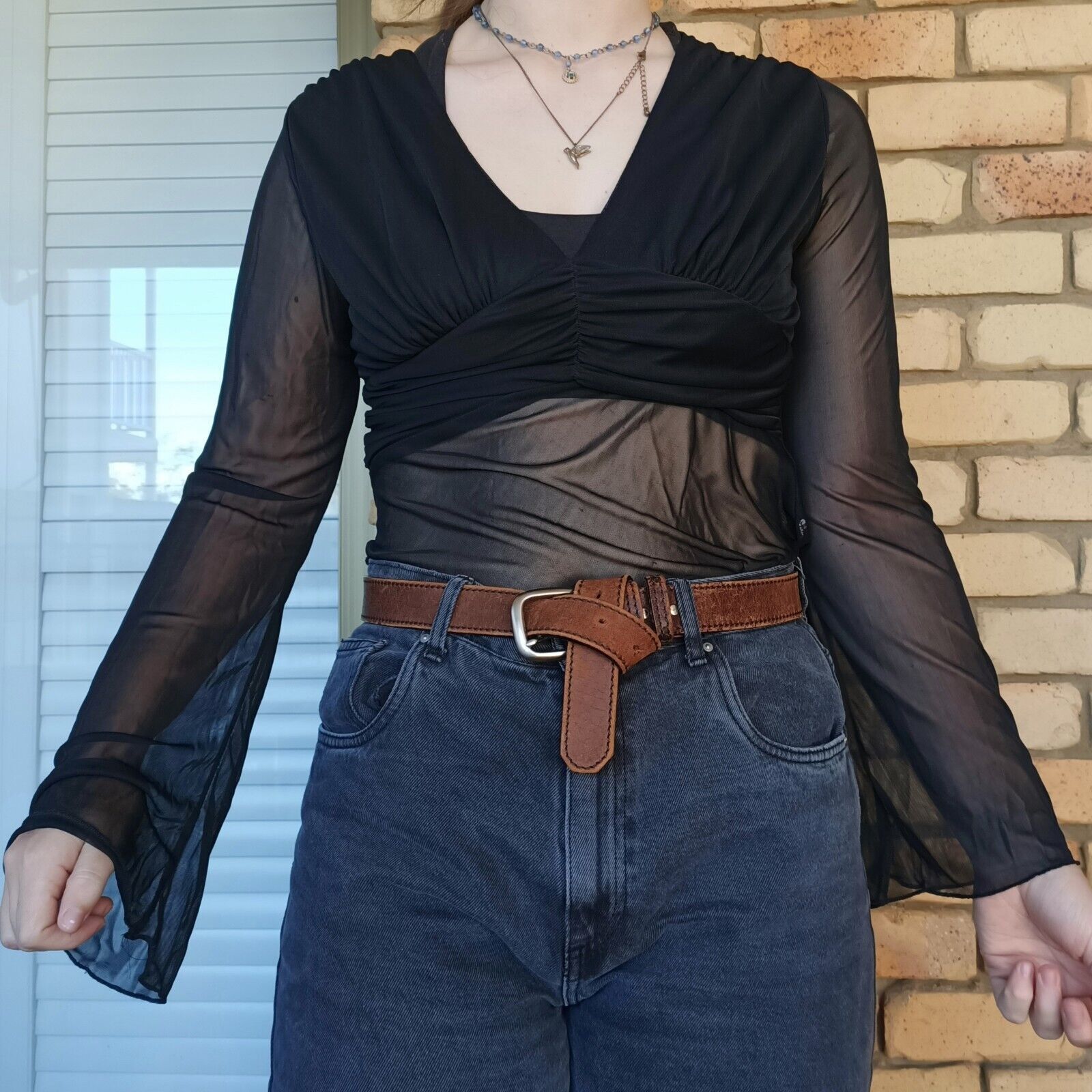 Vintage Vintage 90s Y2K Size 12 Top Black Mesh Bell Sleeve Pleated Size M / US 6-8 / IT 42-44 - 1 Thumbnail