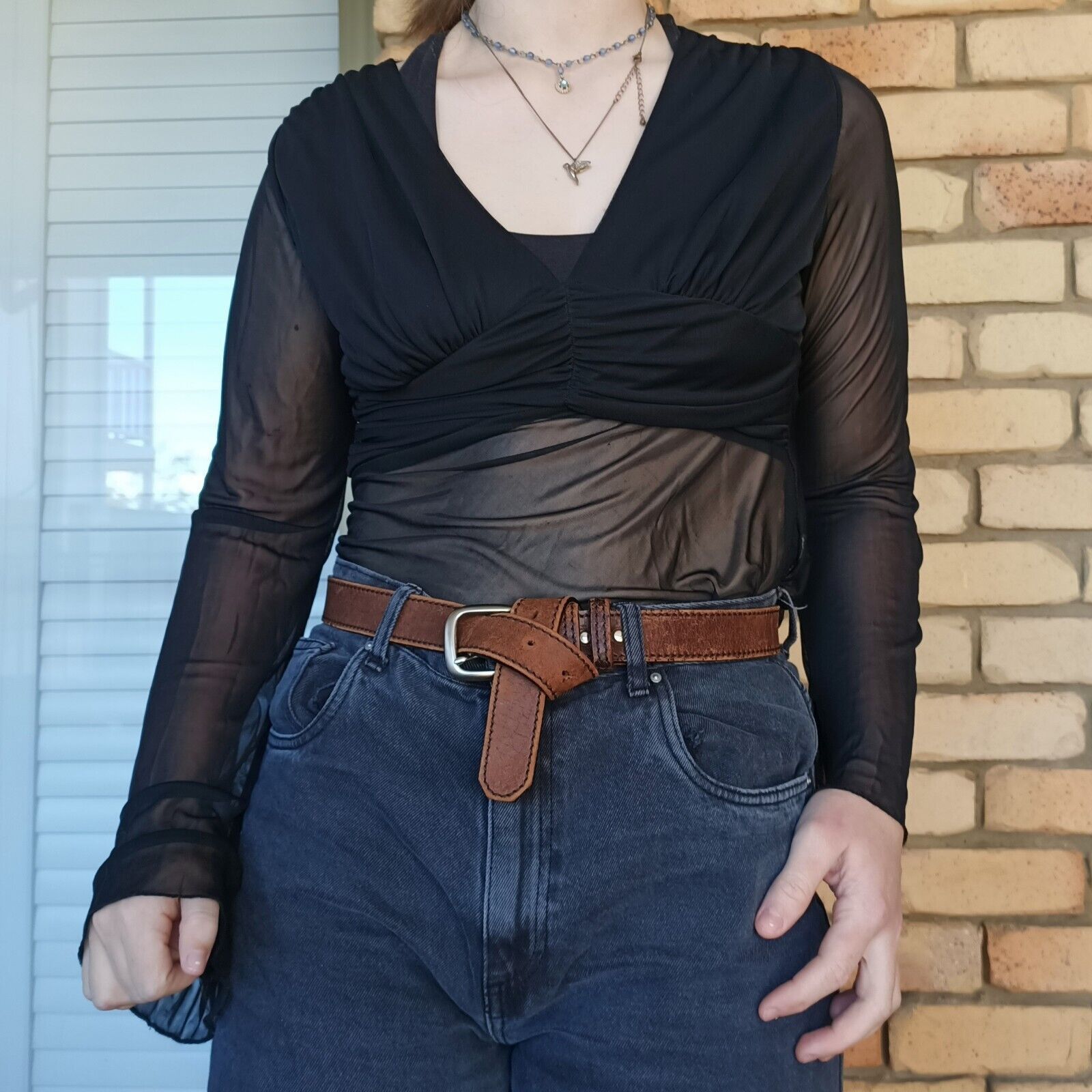 Vintage Vintage 90s Y2K Size 12 Top Black Mesh Bell Sleeve Pleated Size M / US 6-8 / IT 42-44 - 2 Thumbnail