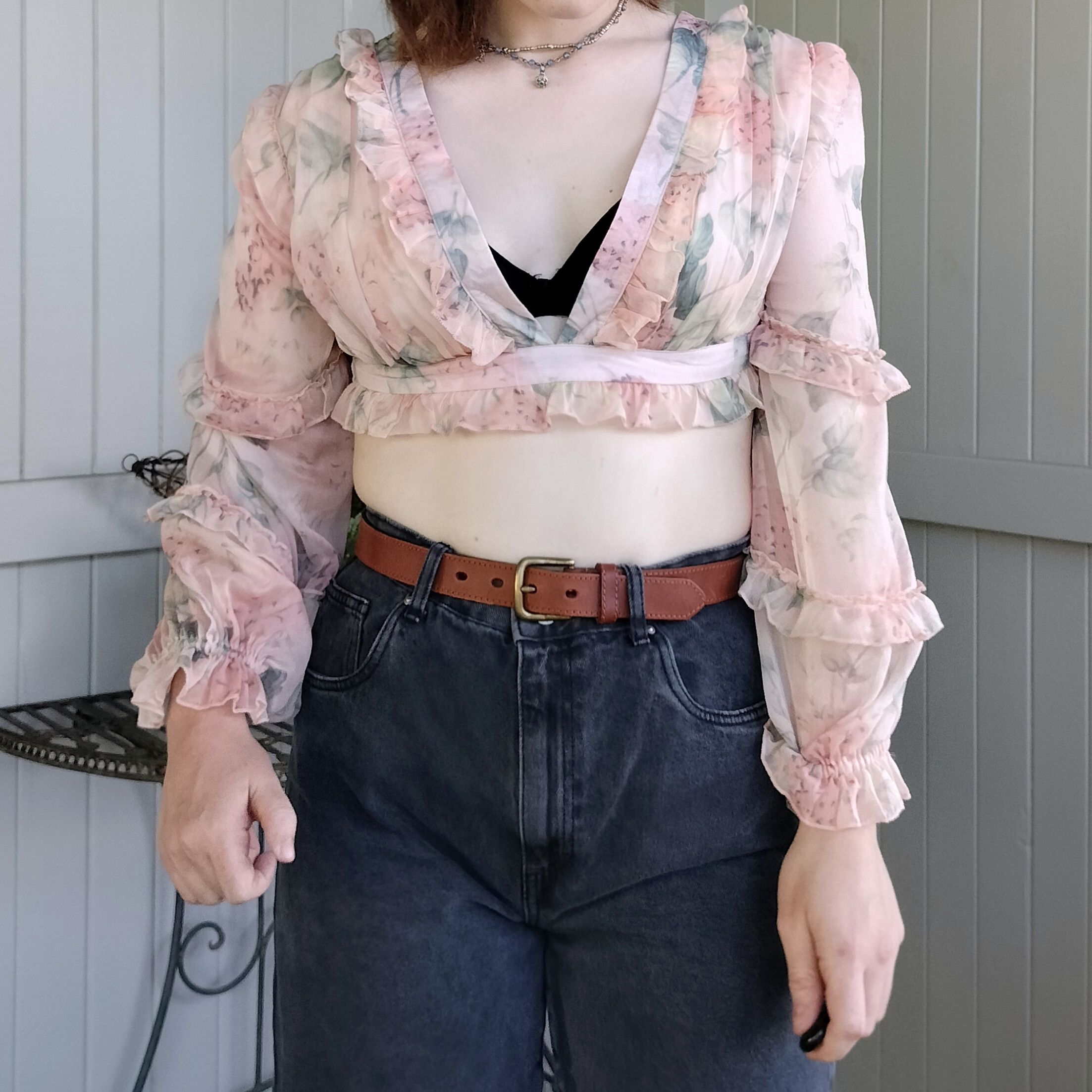 Handmade × Vintage Vintage 80s 1980s homemade floral puff sleeve crop top Size M / US 6-8 / IT 42-44 - 2 Thumbnail