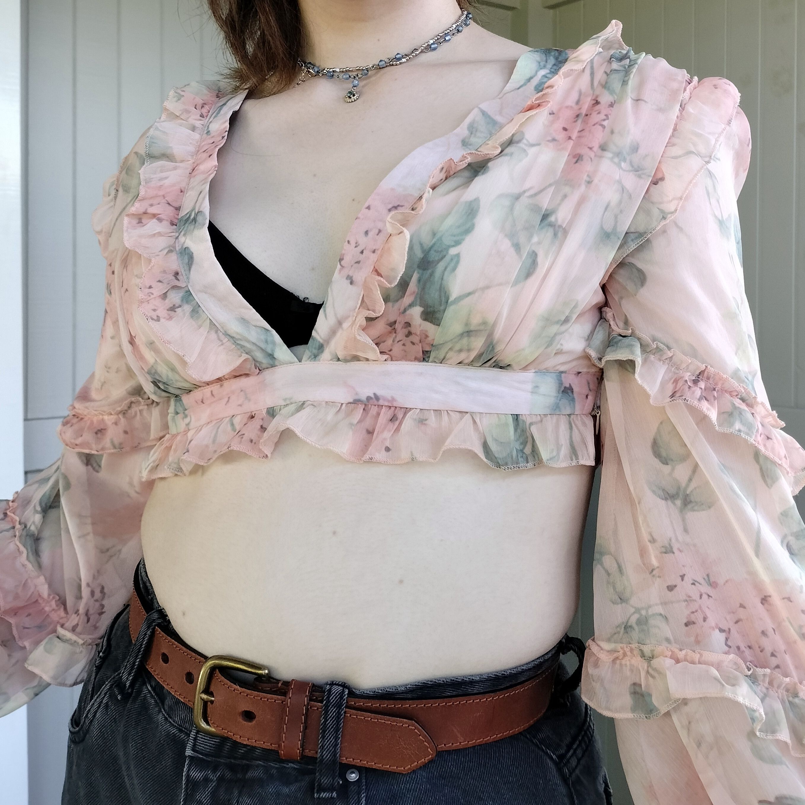 Handmade × Vintage Vintage 80s 1980s homemade floral puff sleeve crop top Size M / US 6-8 / IT 42-44 - 6 Thumbnail
