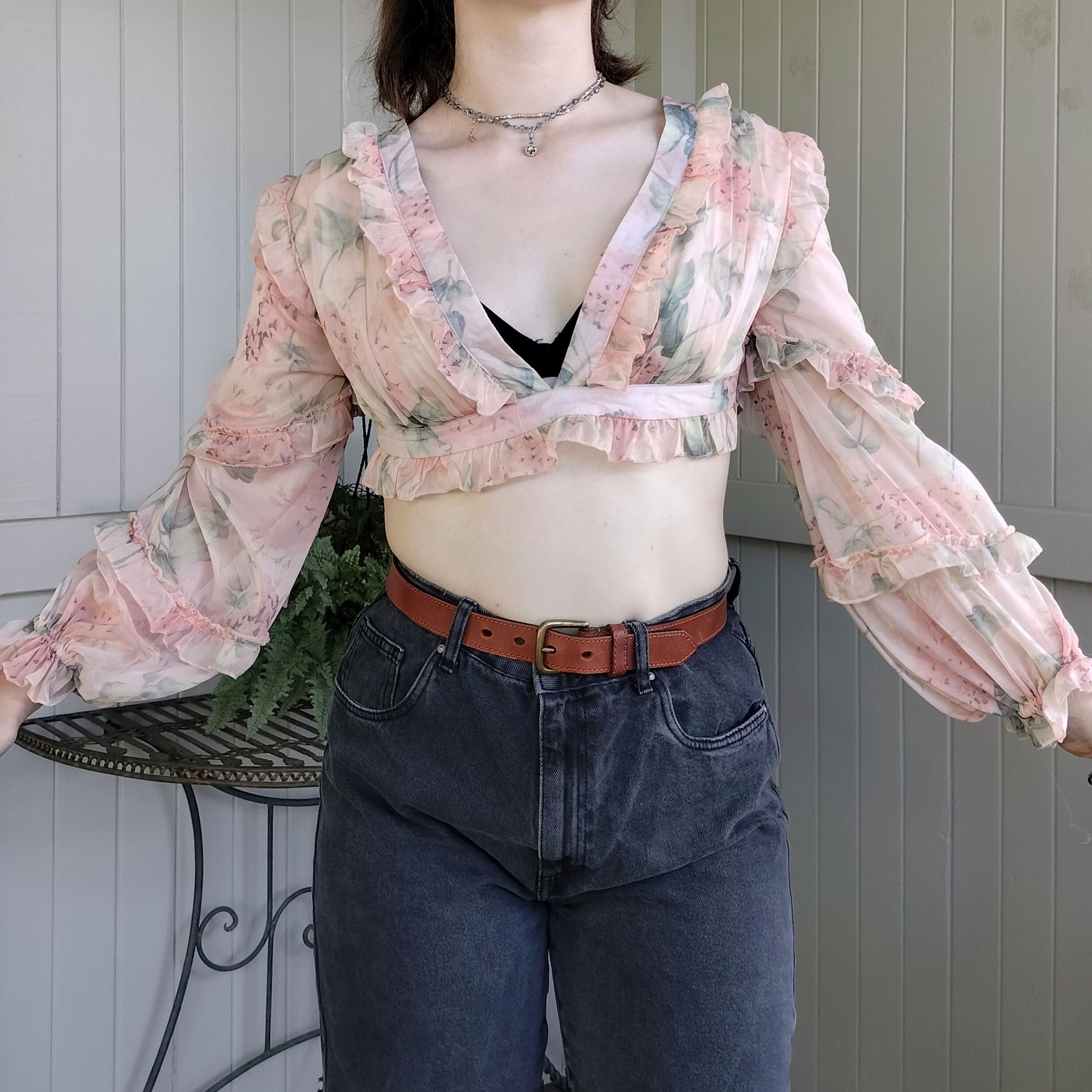 Handmade × Vintage Vintage 80s 1980s homemade floral puff sleeve crop top Size M / US 6-8 / IT 42-44 - 3 Thumbnail