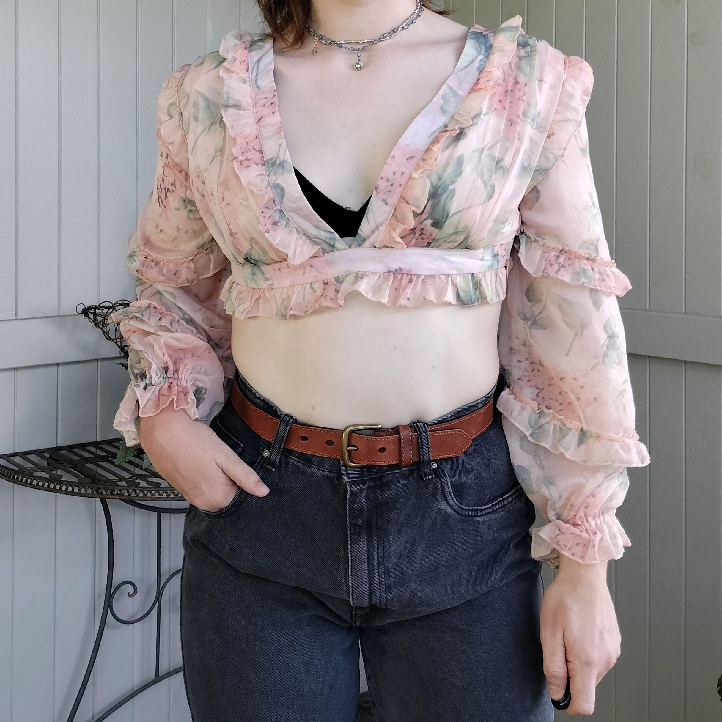 Handmade × Vintage Vintage 80s 1980s homemade floral puff sleeve crop top Size M / US 6-8 / IT 42-44 - 1 Thumbnail