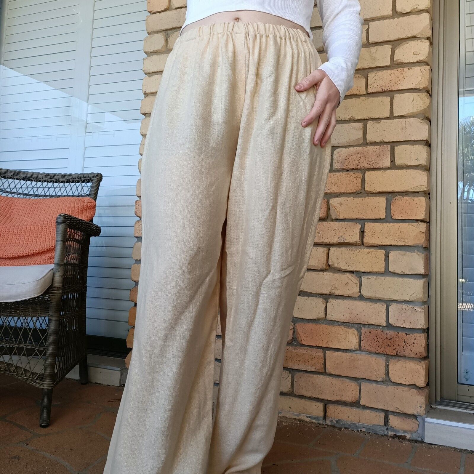 Handmade × Vintage Vintage 80s 90s Size 14 16 Pants Yellow Wide Leg Linen Size 33" - 3 Thumbnail
