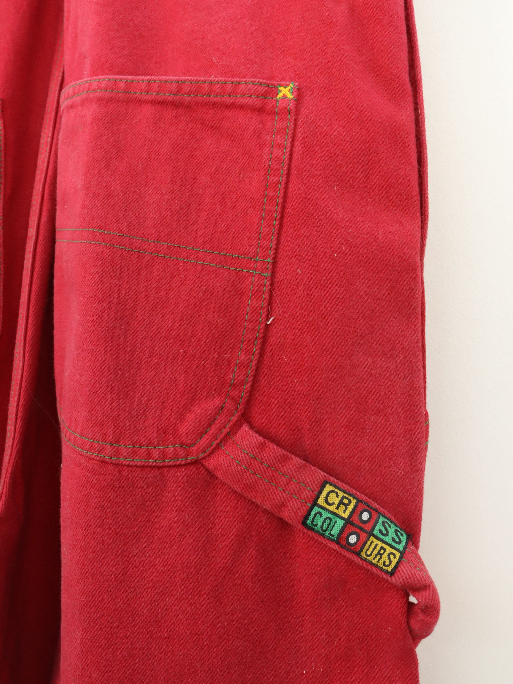 Vintage 90s Cross Colour Baggy Denim Overalls in Red