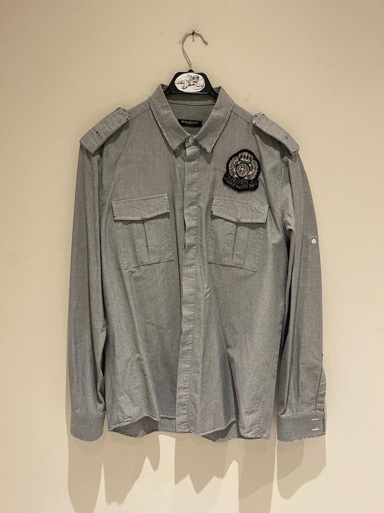 Balmain Blue Distressed Military Shirt