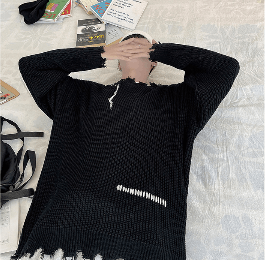 Hype Korean fashion black distressed knit sweater knitwear Grailed