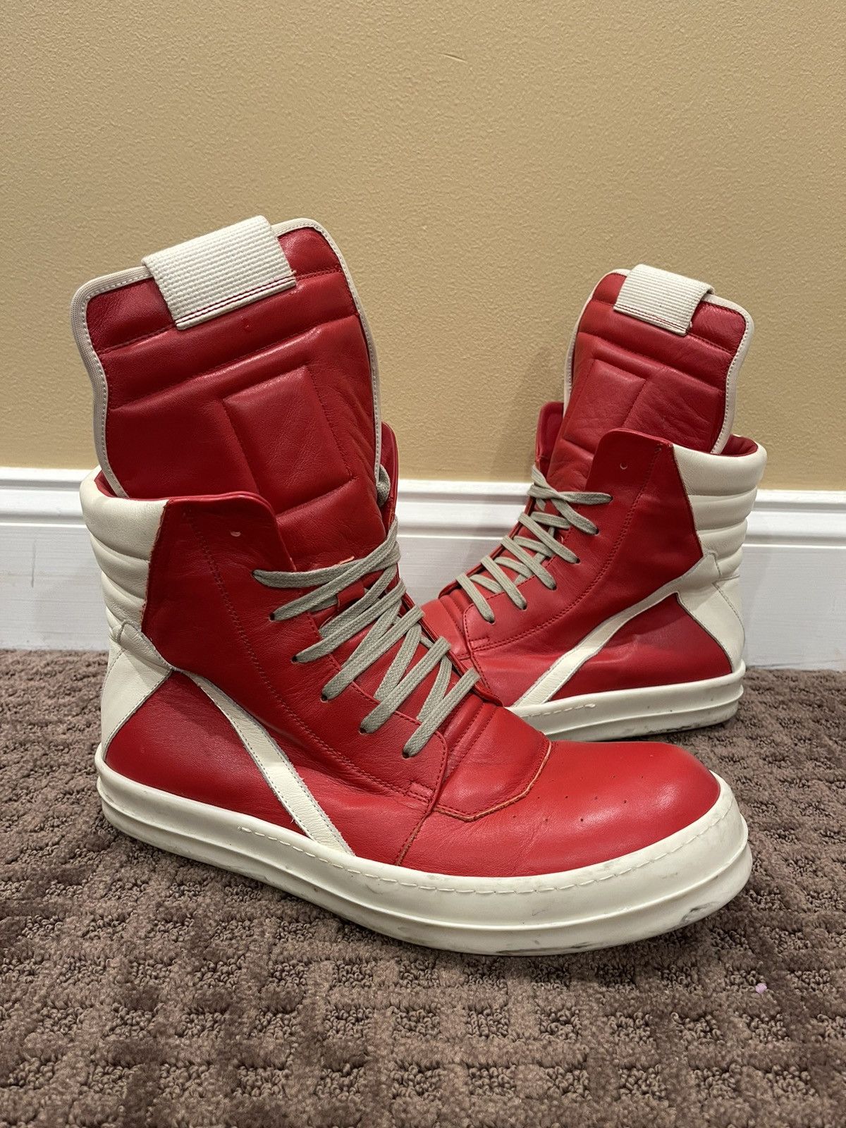 Rick Owens Rick Owens SS21 Red and Milk Geobasket Sneakers | Grailed