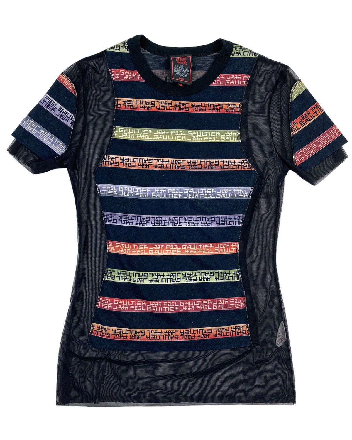 image of Jean Paul Gaultier Classique Stripe Logo Layered Mesh Tee in Black, Men's (Size XS)