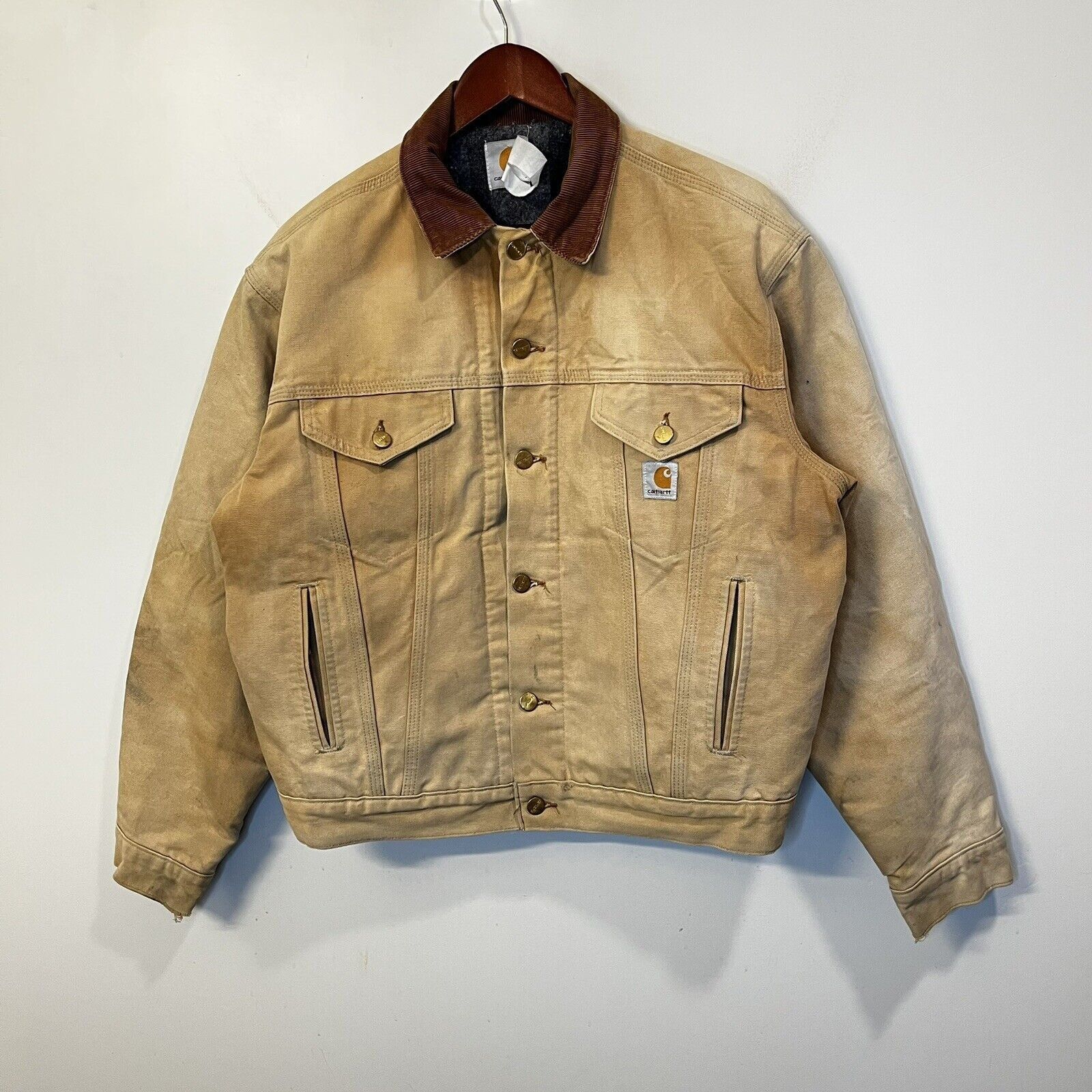 Vintage VTG Carhartt Trucker Jacket Tan Blanket Lined Rare Detroit ...