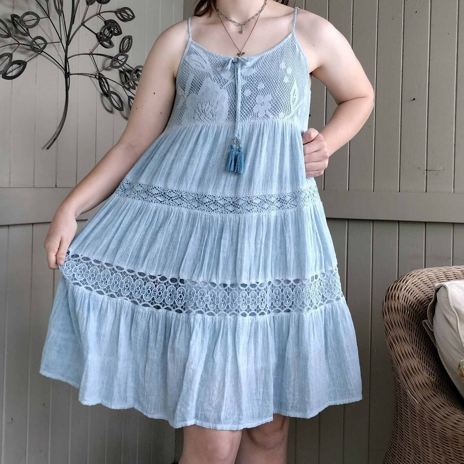 Designer Lula Soul Dress Floral Babydoll Crochet Tiered Cotton Boho Size S / US 4 / IT 40 - 3 Thumbnail