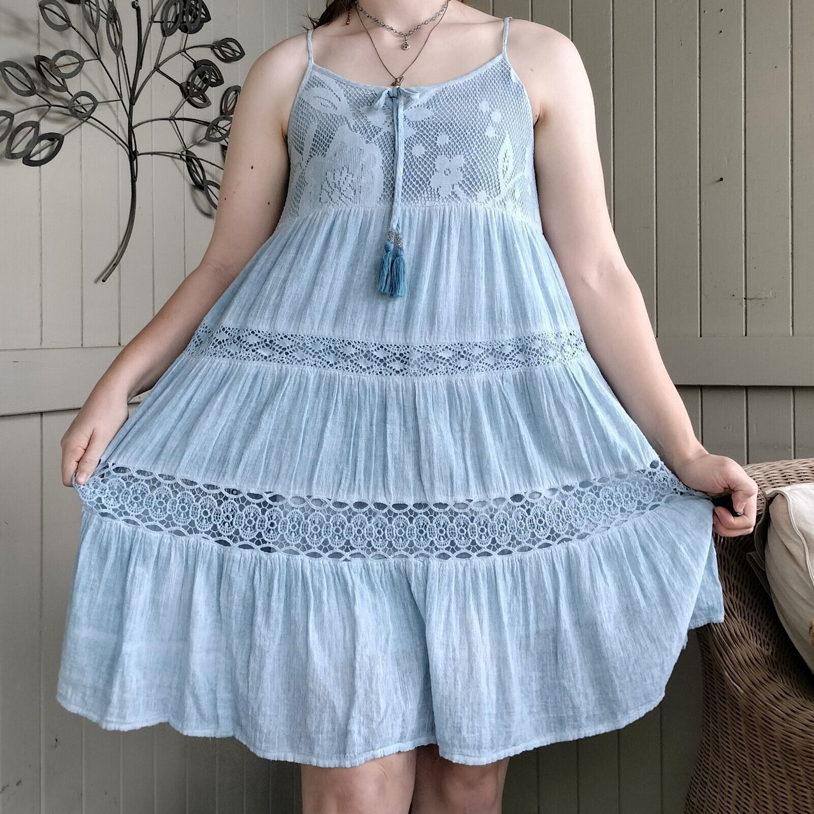 Designer Lula Soul Dress Floral Babydoll Crochet Tiered Cotton Boho Size S / US 4 / IT 40 - 1 Thumbnail