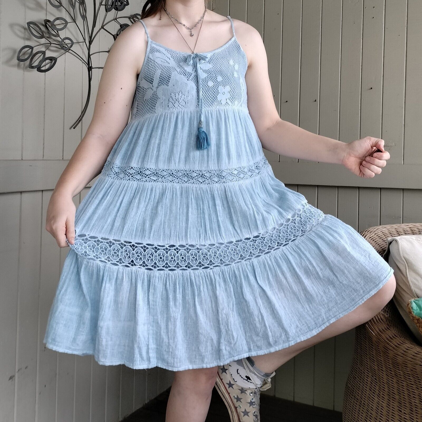 Designer Lula Soul Dress Floral Babydoll Crochet Tiered Cotton Boho Size S / US 4 / IT 40 - 2 Thumbnail