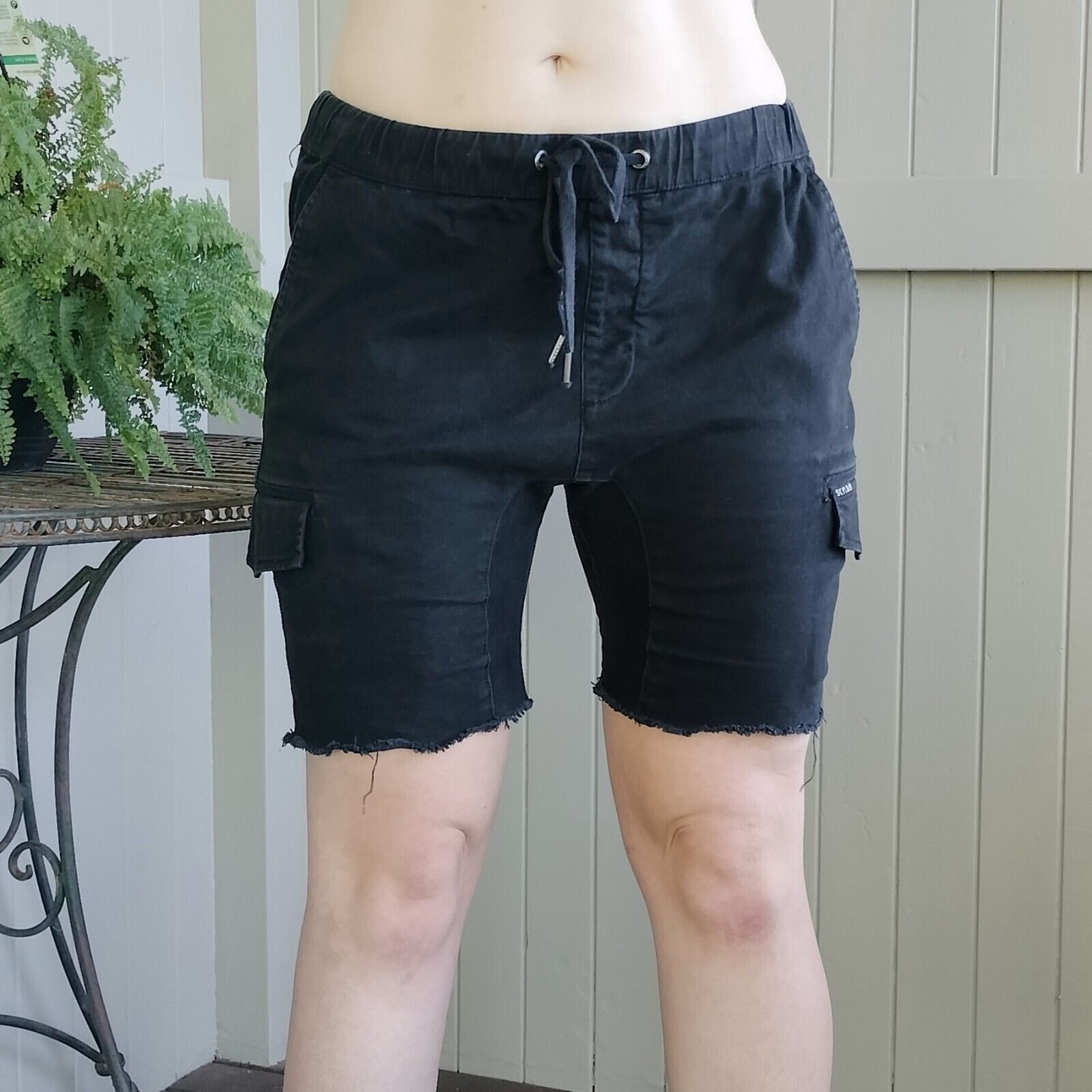 Designer Skylark Shorts Black Drop Crotch Cargo Utility Raw Hem Drill Size US 34 / EU 50 - 1 Thumbnail
