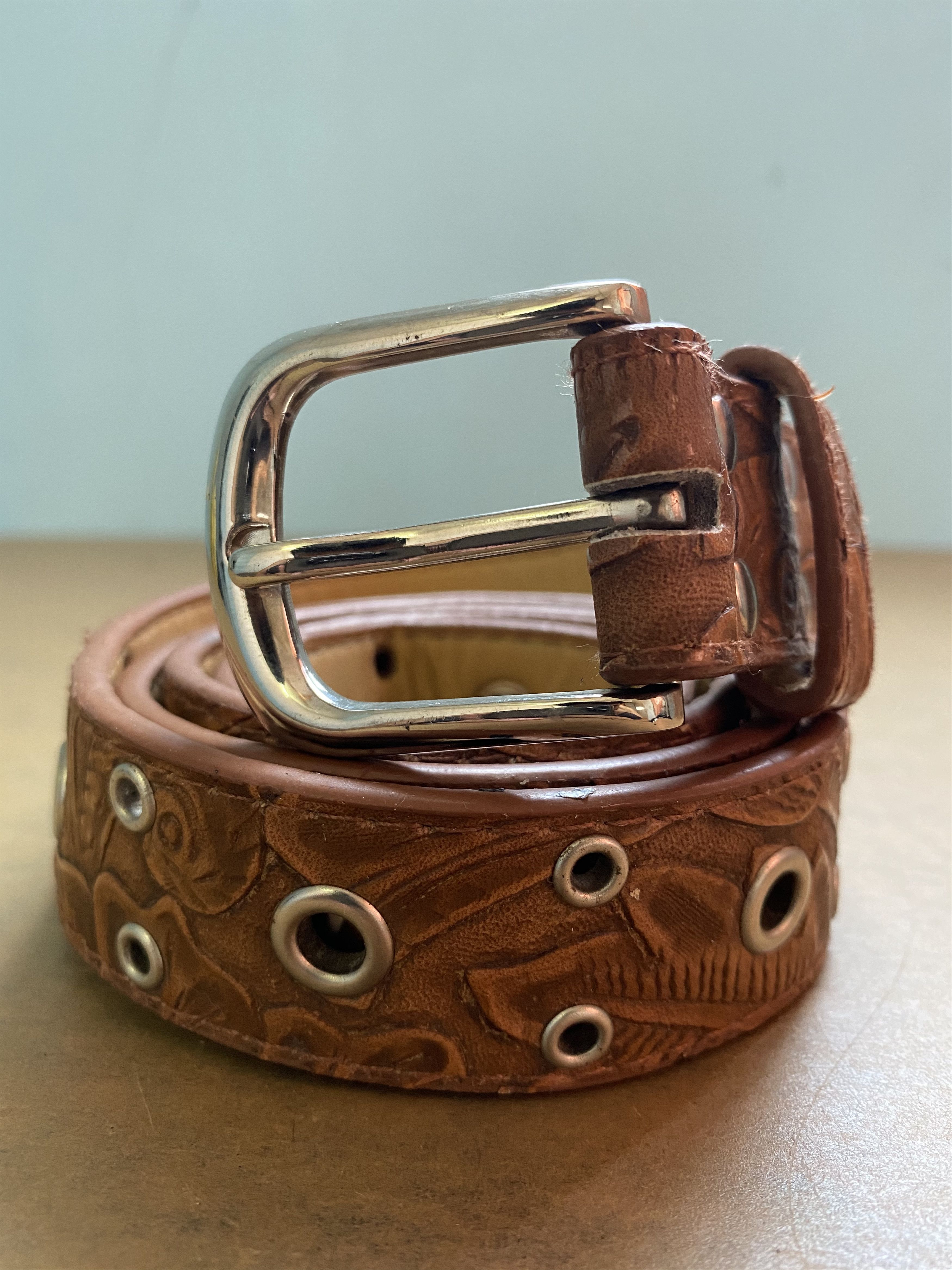 Spikes Belt Brown Embossed Carved Belt Cowboys Fashion