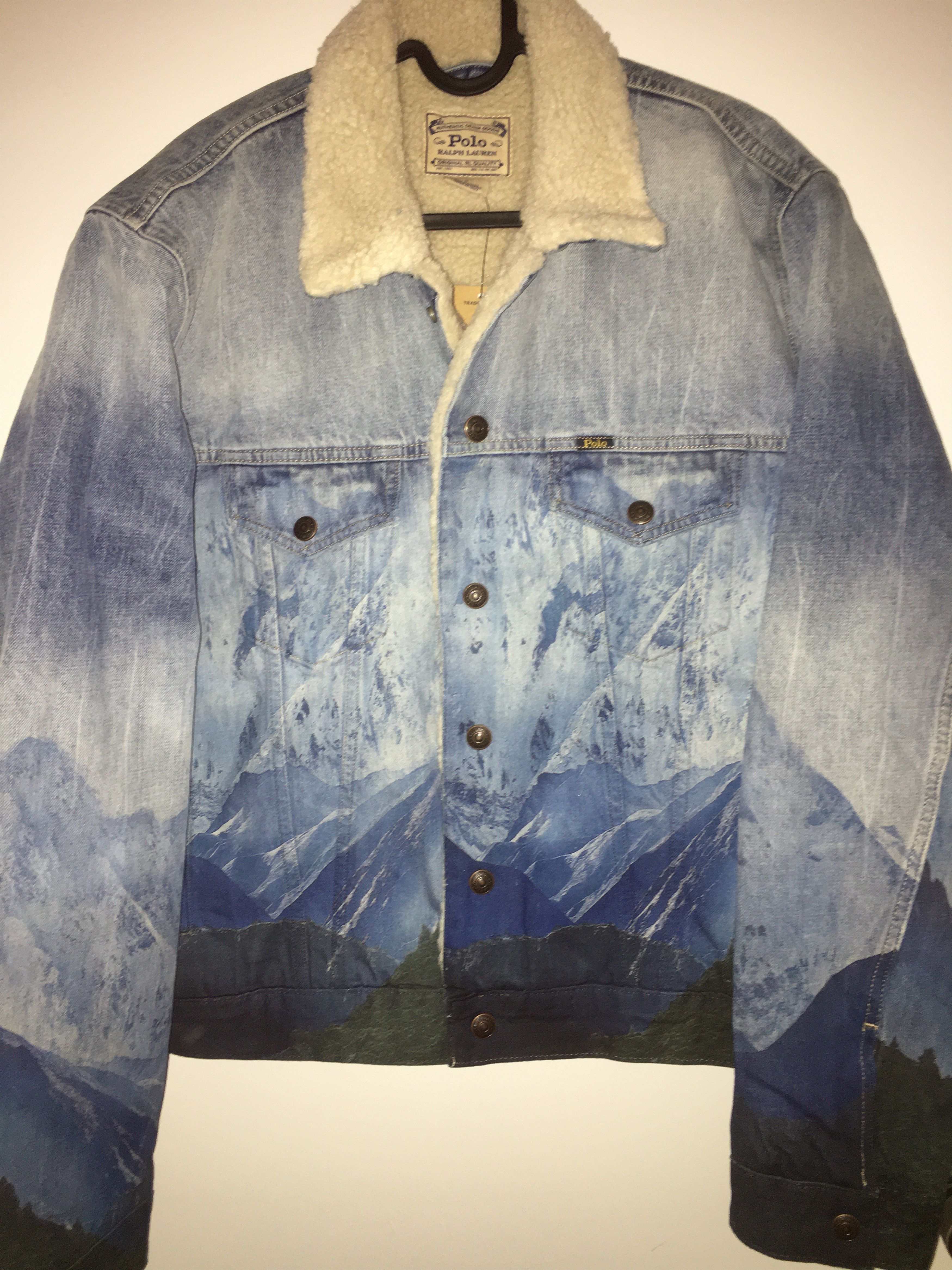 Mountain Graphic Print Sherpa Fleece-Lined Trucker Jacket