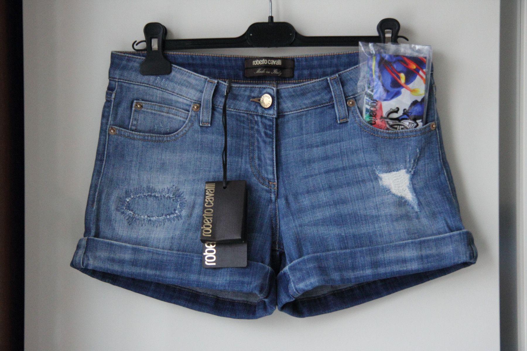 ROBERTO CAVALLI DENIM SHORTS WITH SILK BELT SIZE 42