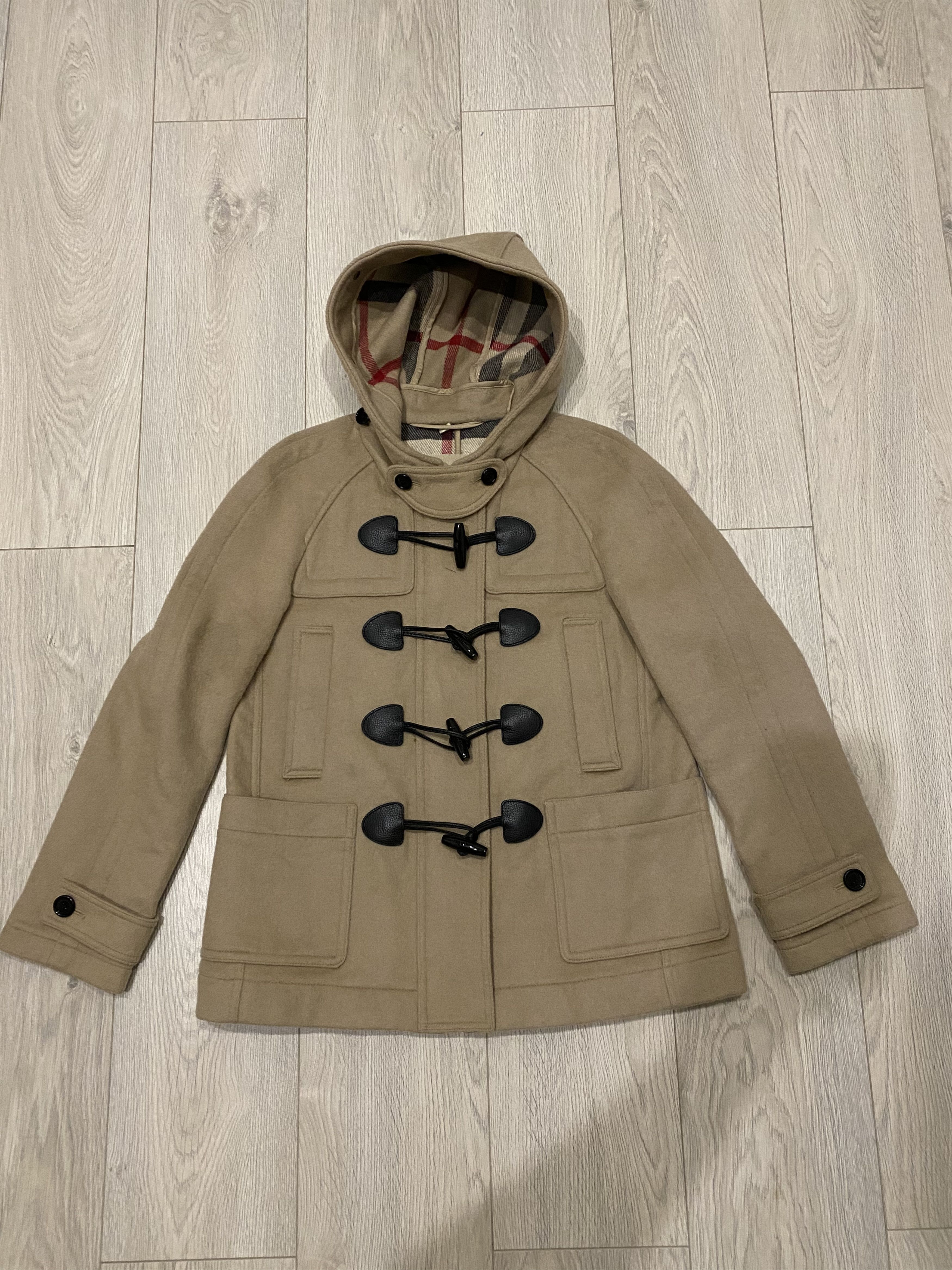 image of Burberry Brit Nova Check Wool Duffle Jacket Size Us 4 in Beige, Women's