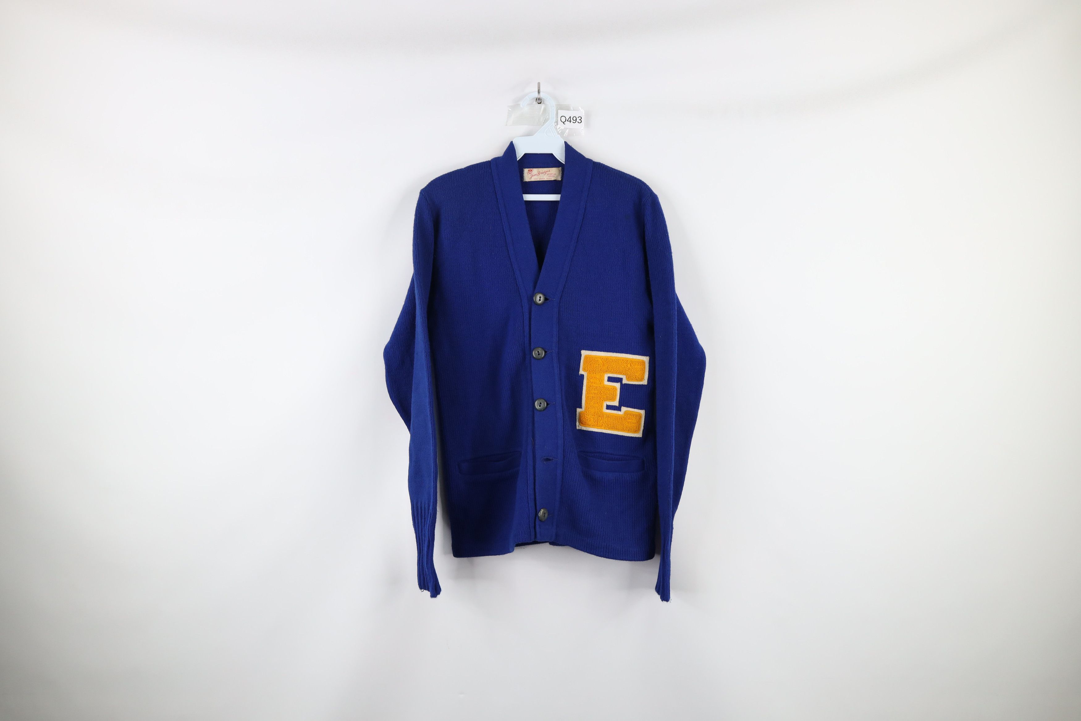 Image of Vintage 50S Streetwear Letterman Varsity Cardigan Sweater in Blue, Men's (Size Small)