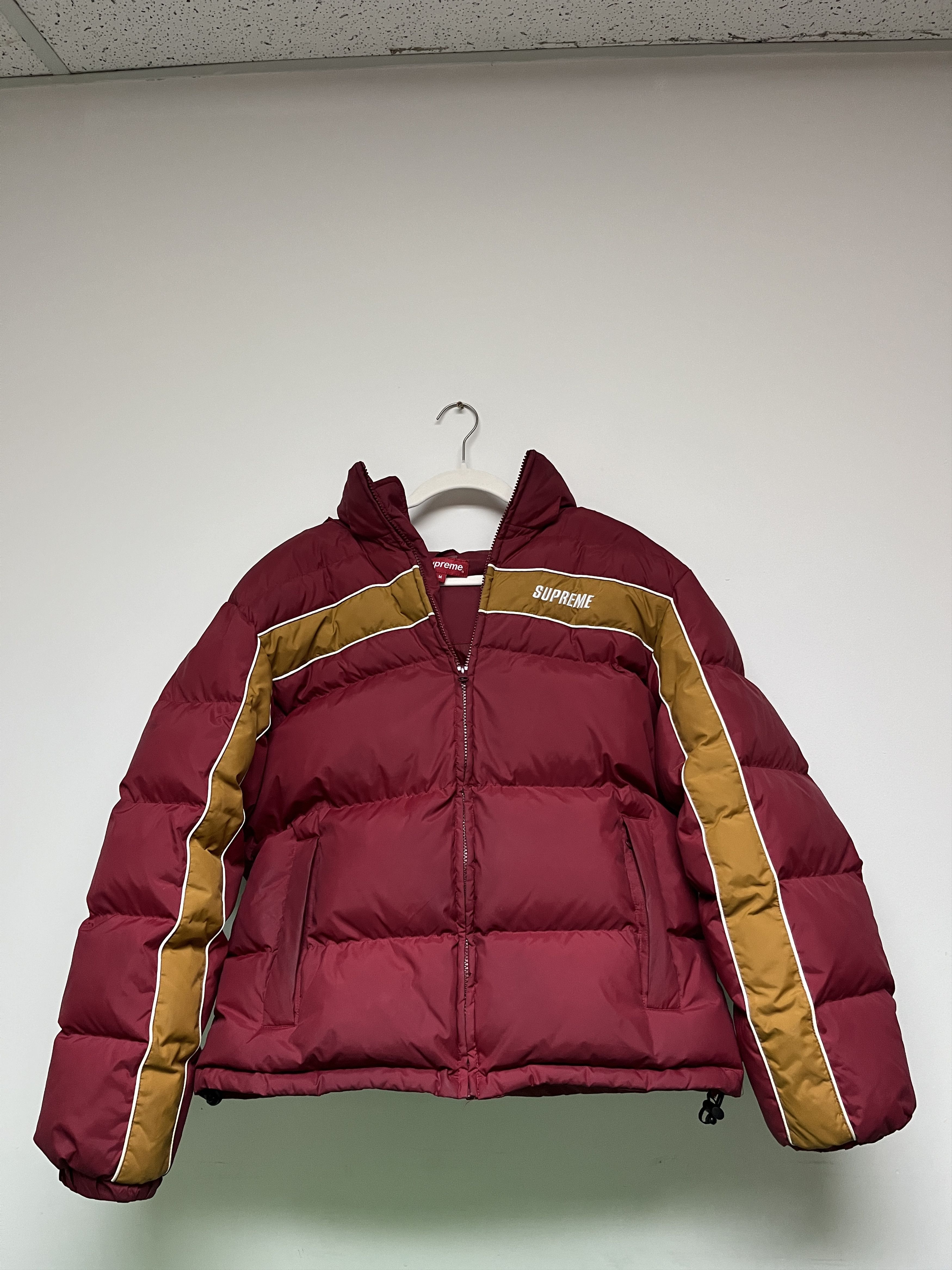 Supreme stripe panel down jacket clearance burgundy