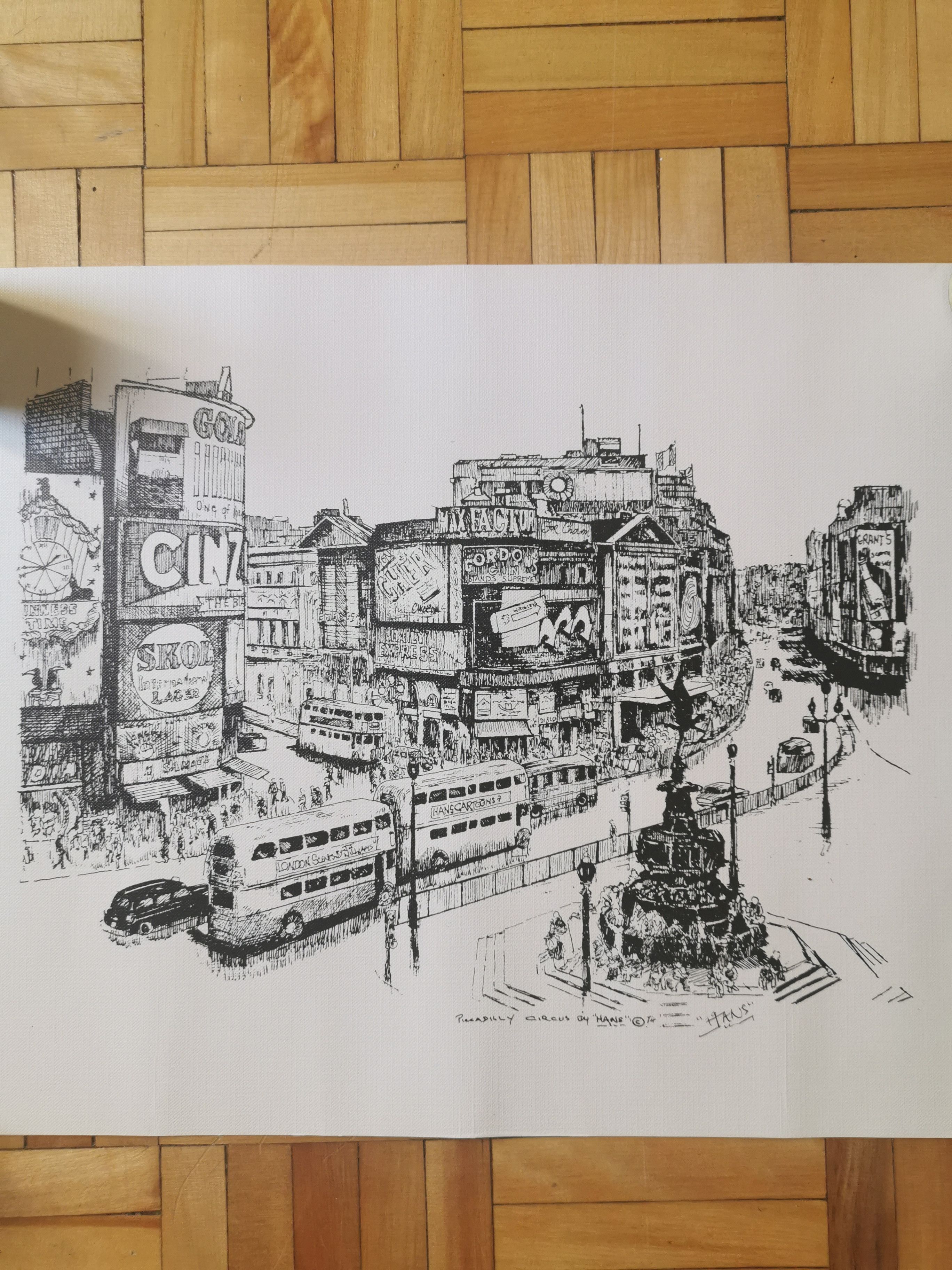Vintage Piccadilly circus drawing/lithograph/poster by hans
