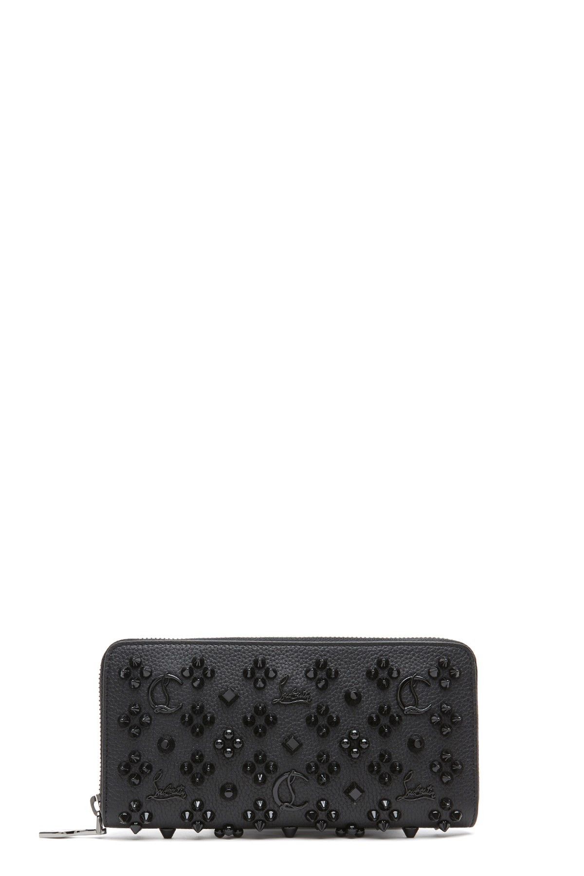 Christian Louboutin Black Panettone Wallet Spike Leather Zippy Wall1et CL82K