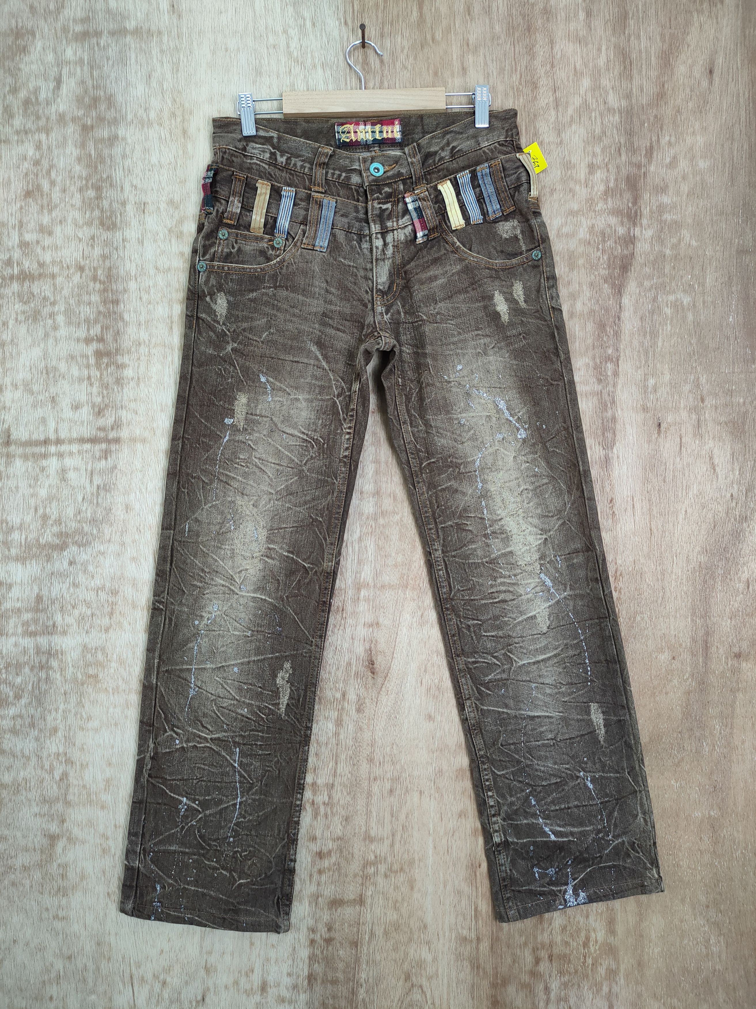 image of Art Dl Antfui Double Waist Brown Paint Denim Jeans Pants 763, Men's (Size 30)