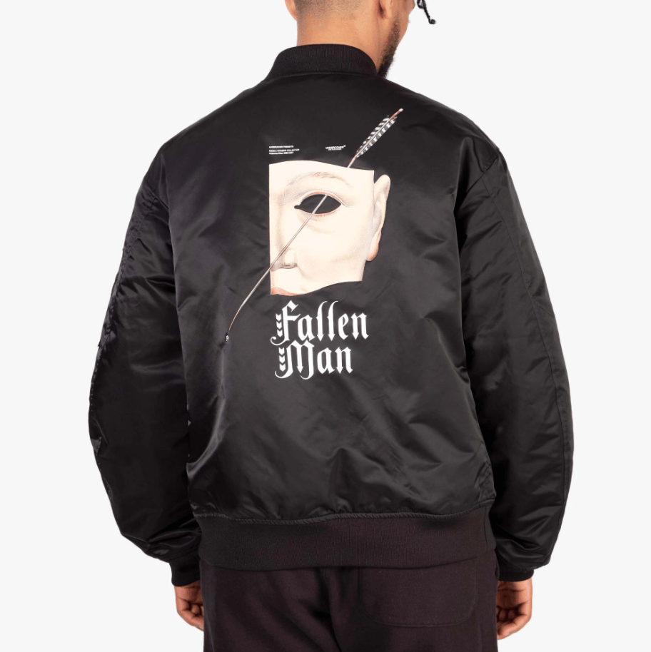 image of Aw20 Undercover Fallen Man Reversible Bomber Jacket 1 in Black/Orange, Men's (Size Small)