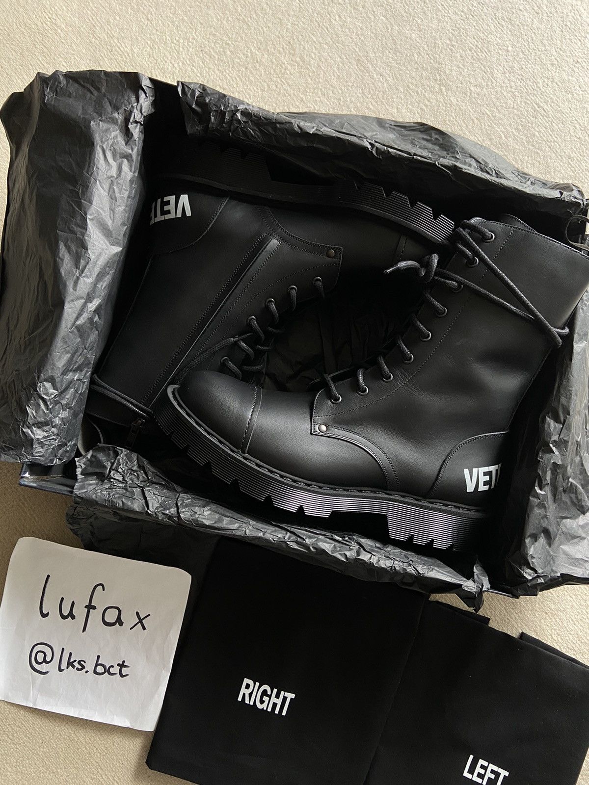 image of New | Vetements Military Logo Laceup Combat Boots Leather 44 in Black, Men's (Size 11)