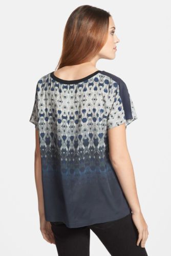 ELIE TAHARI Renita SILK & LEATHER Blouse NAVY Multi YARD Di