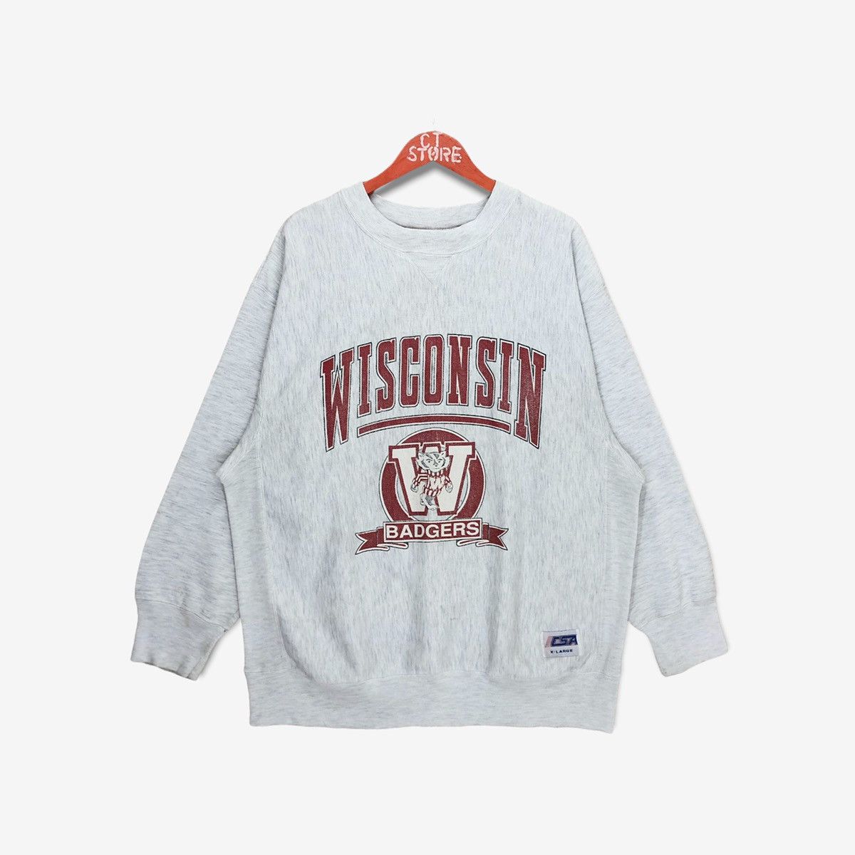 Image of Csa x NCAA Reverse Weave Wisconsin Badgers Football Spellout Sweatshirt in Grey, Men's (Size XL)