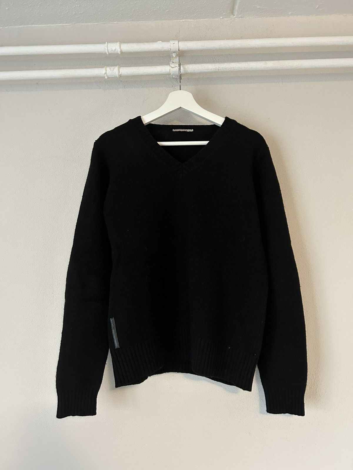 image of Prada Wool V-Neck Sweater With Leather Elbow Pads in Black, Men's (Size Large)