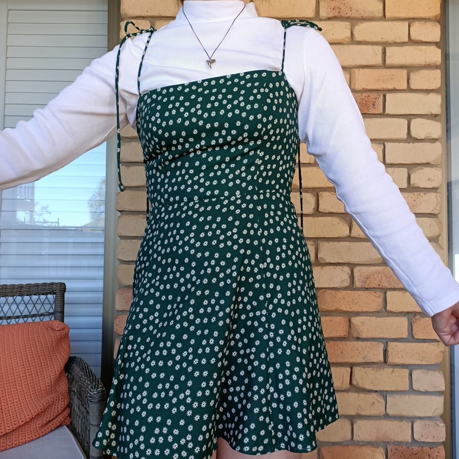 Designer Slide Show Dress Green White Floral Ditsy Mini Shirred Size M / US 6-8 / IT 42-44 - 3 Thumbnail